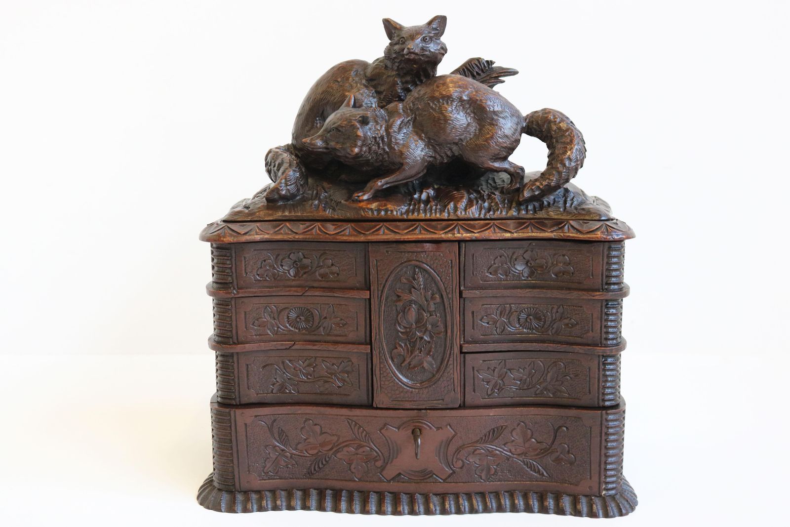 Rare Antique 4 Tier Black Forest Jewelry Box Fruitwood 19th Century Hand Carved photo for sale