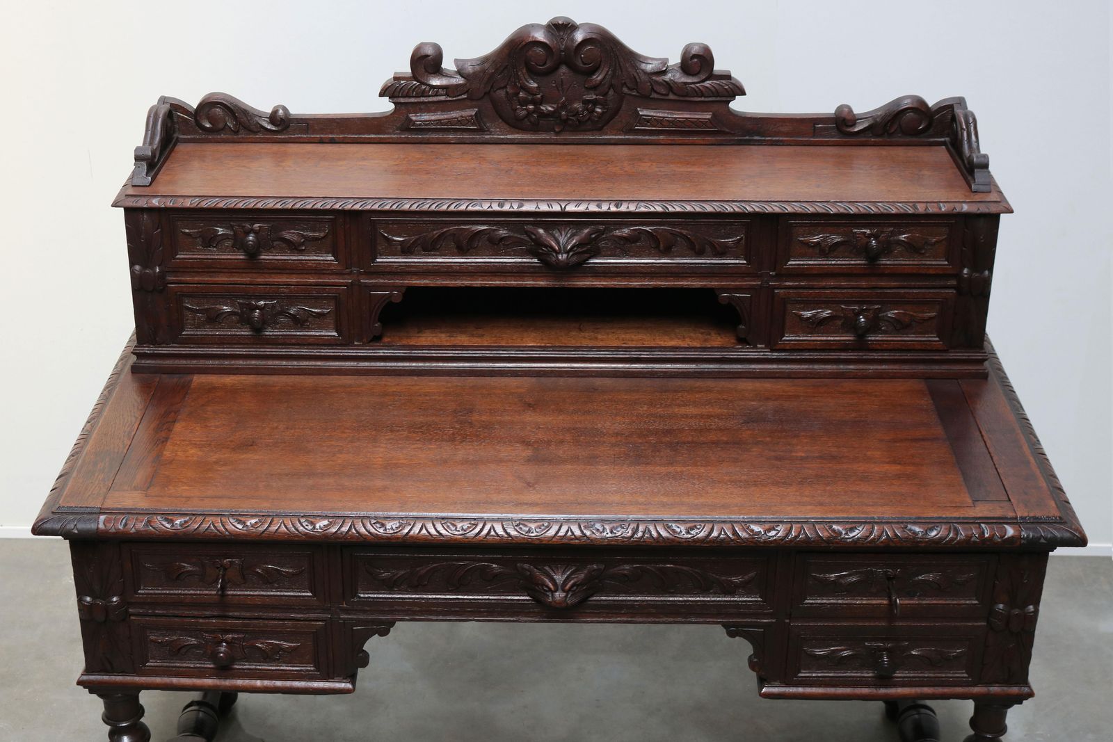 Antique French Renaissance Revival Hunt Desk / Secretaire Barley Twist Oak 19th photo 3407.0