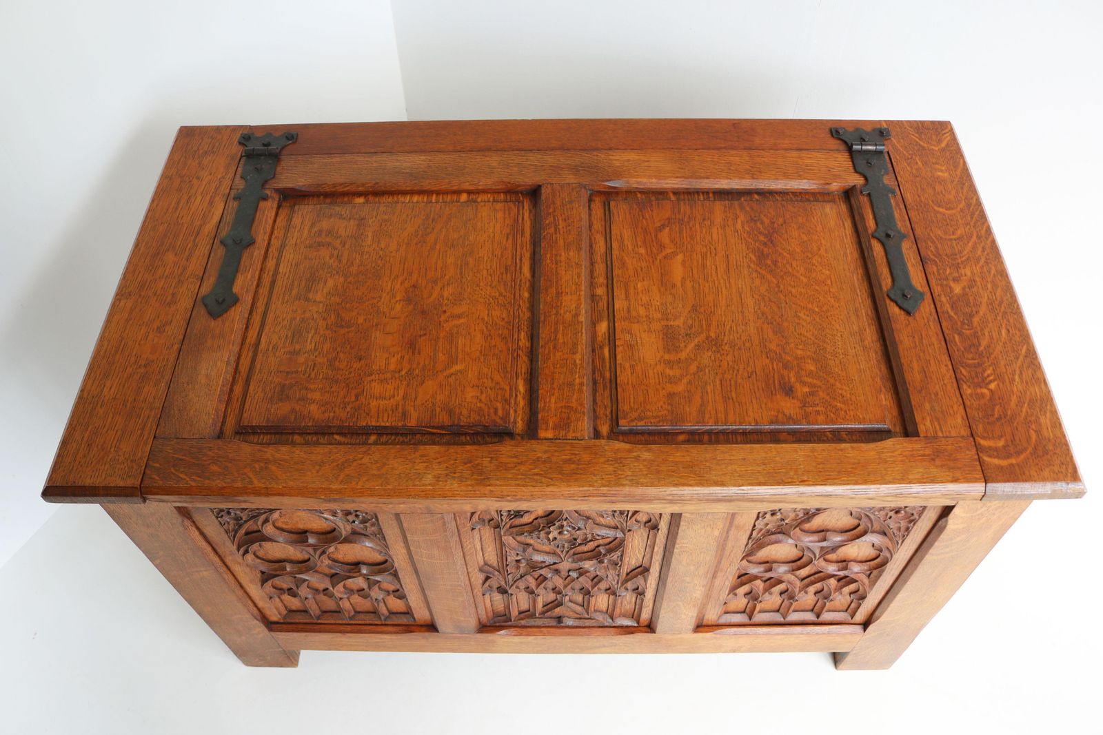 Antique French 19th Century Gothic Revival Blanket Chest Carved Oak Forged Iron photo vintage