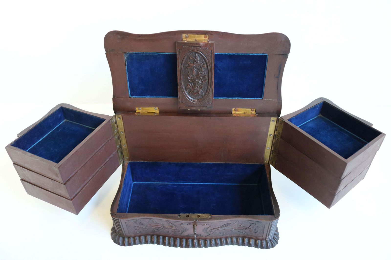 Home Decor Rare Antique 4 Tier Black Forest Jewelry Box Fruitwood 19th Century Hand Carved photo