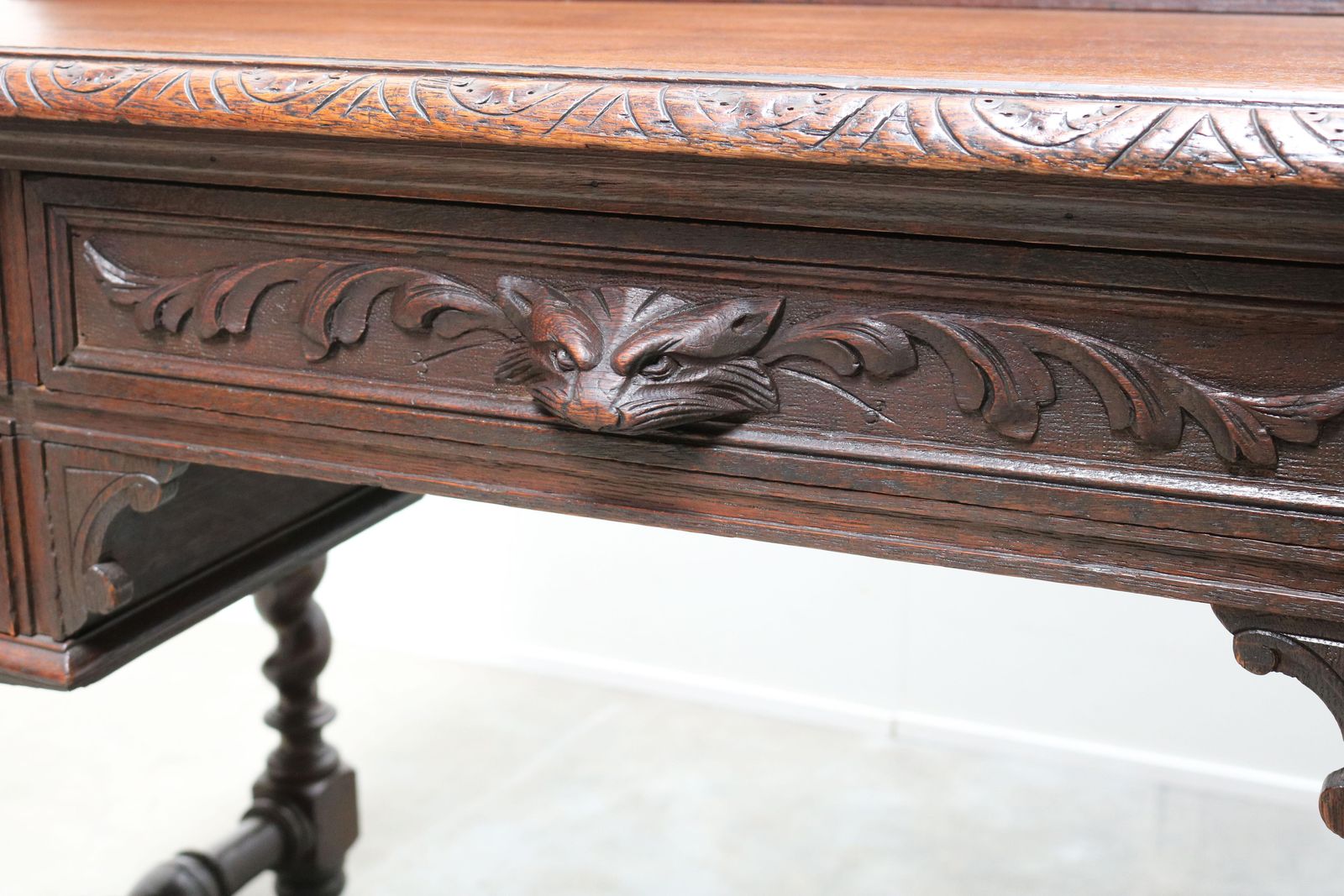 photo buy Antique French Renaissance Revival Hunt Desk / Secretaire Barley Twist Oak 19th