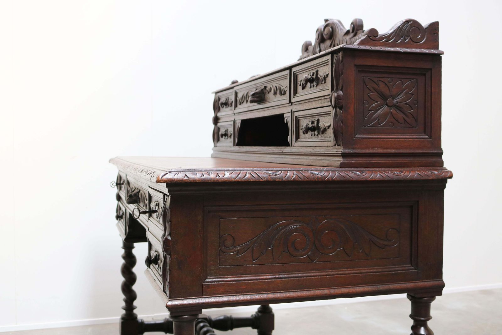 photo vintage Antiek Frans Renaissance Revival Jachtbureau / Secrétaire Met Gedraaide Kolommen, Eiken, 19e Eeuw