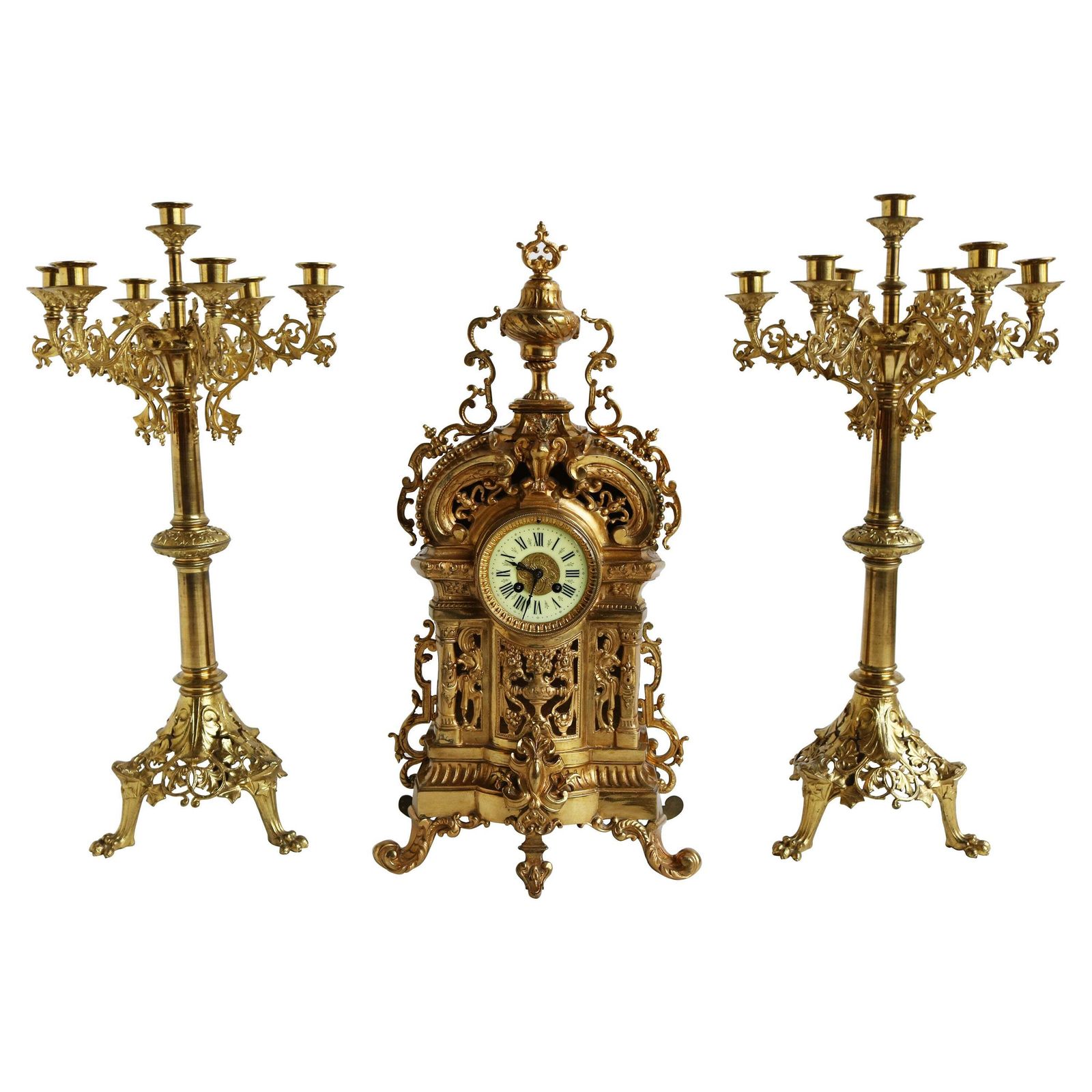 Huge Antique French Gilt Bronze Classical Clock Set 19th Century Acanthus Leaves