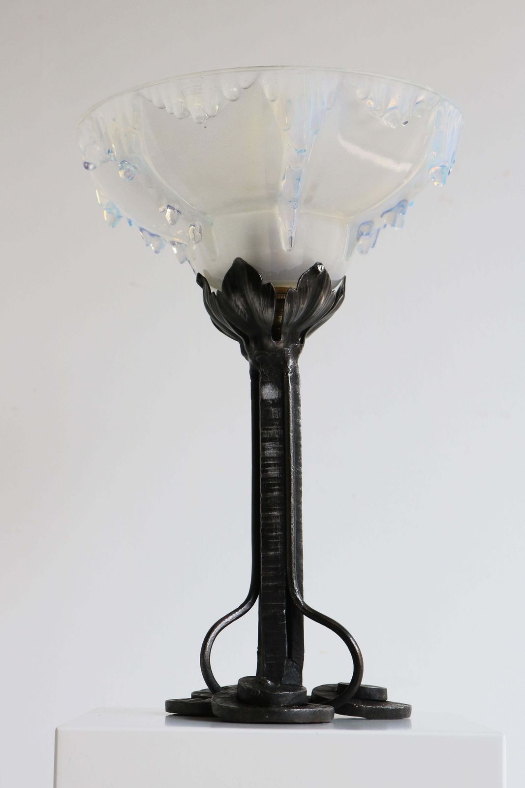Lighting Antique Art Deco Table Lamp Design By Ezan 1930 France Wrought Iron & Ice Glass photo