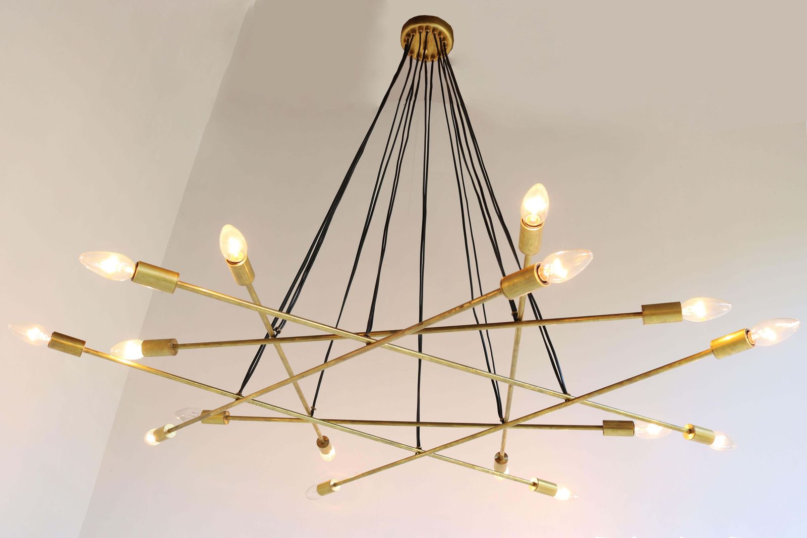 Large Mid Century Design Minimalist Brass Italian 1950 Chandelier Stilnovo Style photo furniture