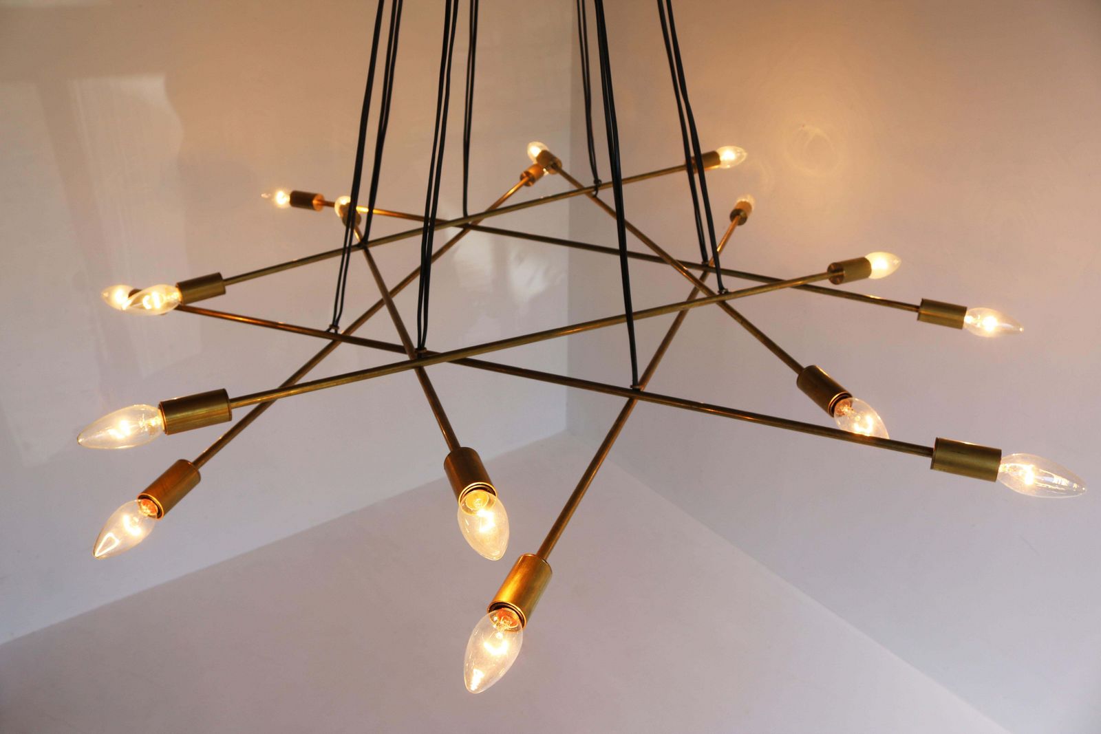 Lighting Large Mid Century Design Minimalist Brass Italian 1950 Chandelier Stilnovo Style photo
