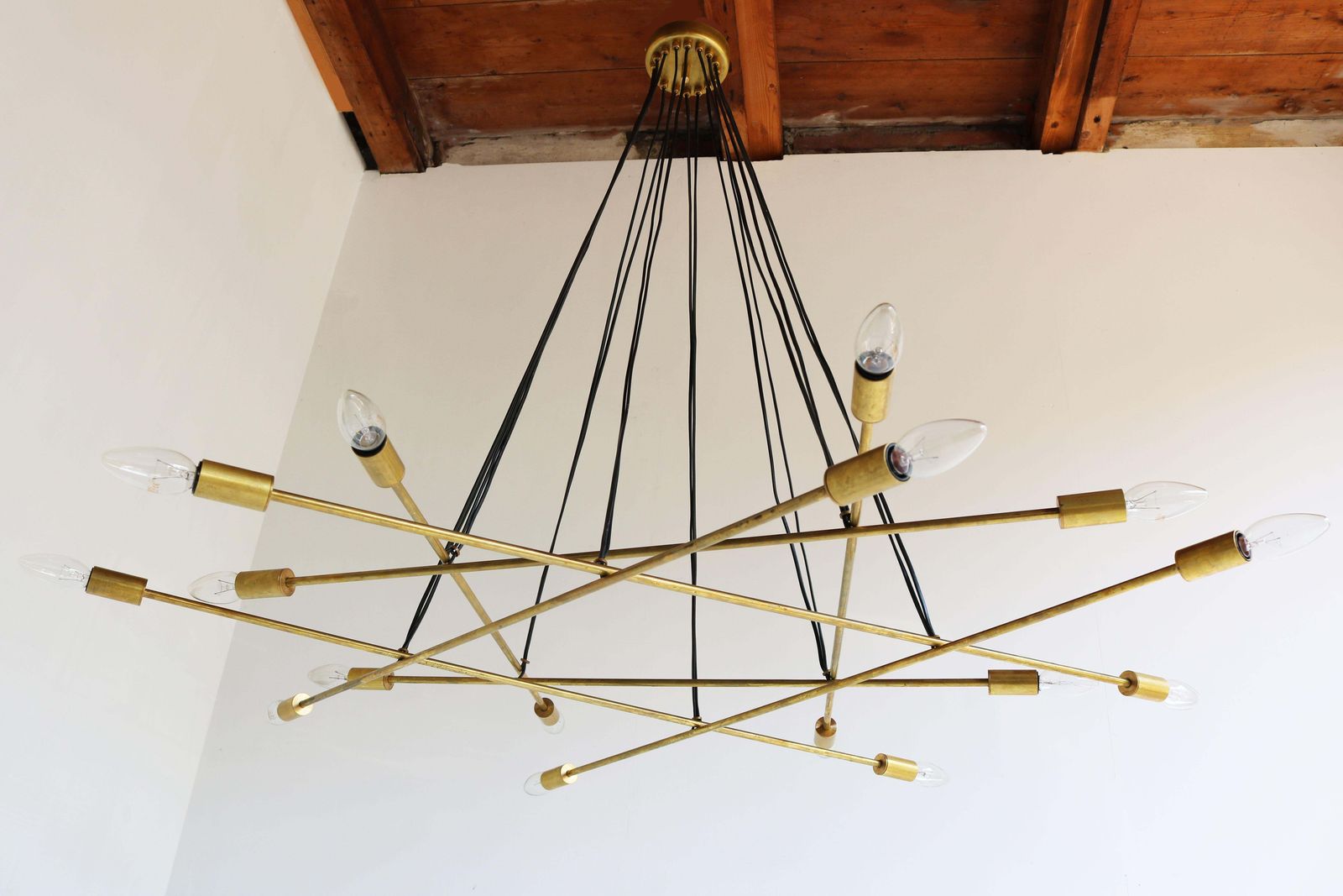 1668.0 Large Mid Century Design Minimalist Brass Italian 1950 Chandelier Stilnovo Style photo