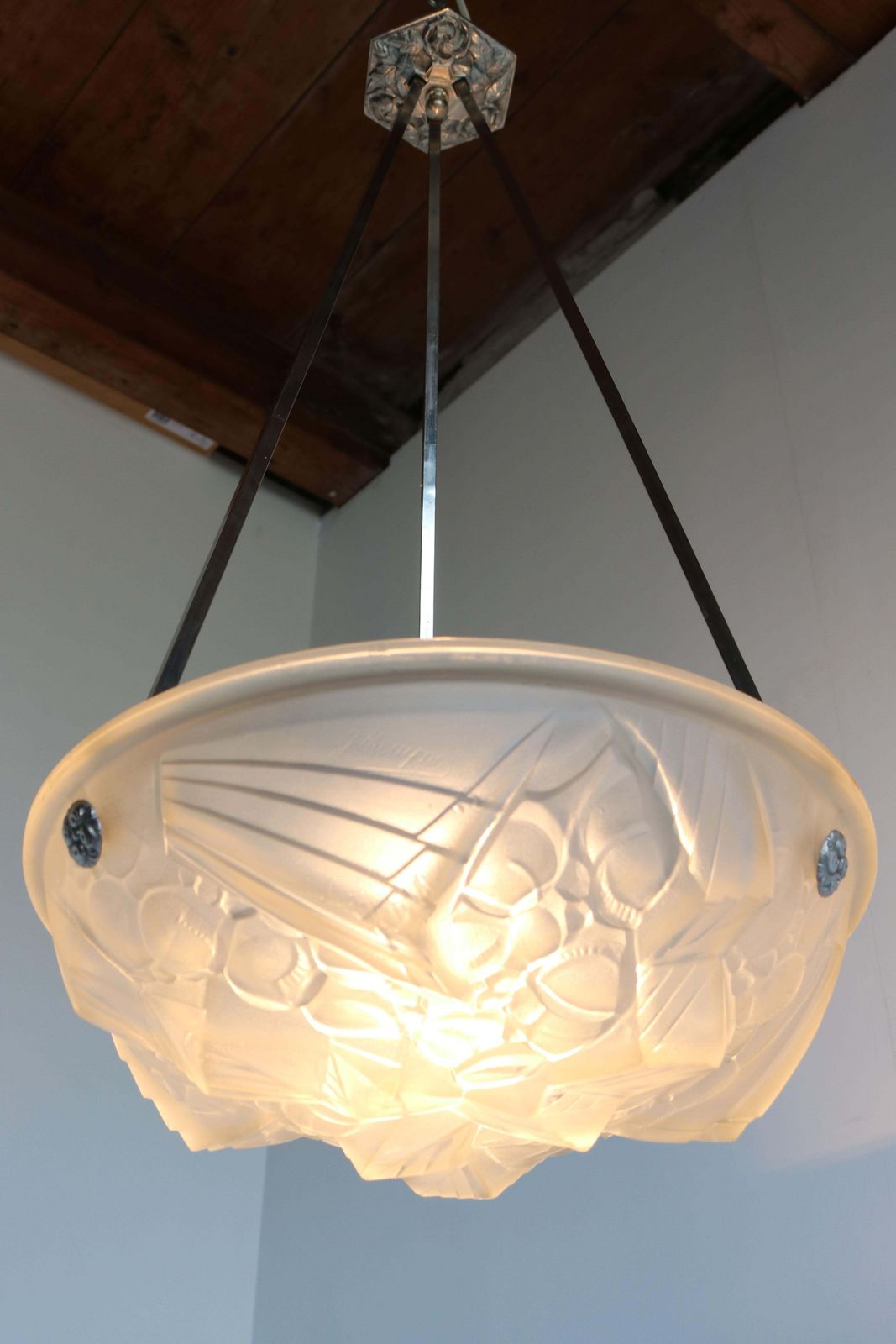2213.0 Antique French Art Deco Pendant / Chandelier Singed Mouynet 1920 Schneider Glass photo