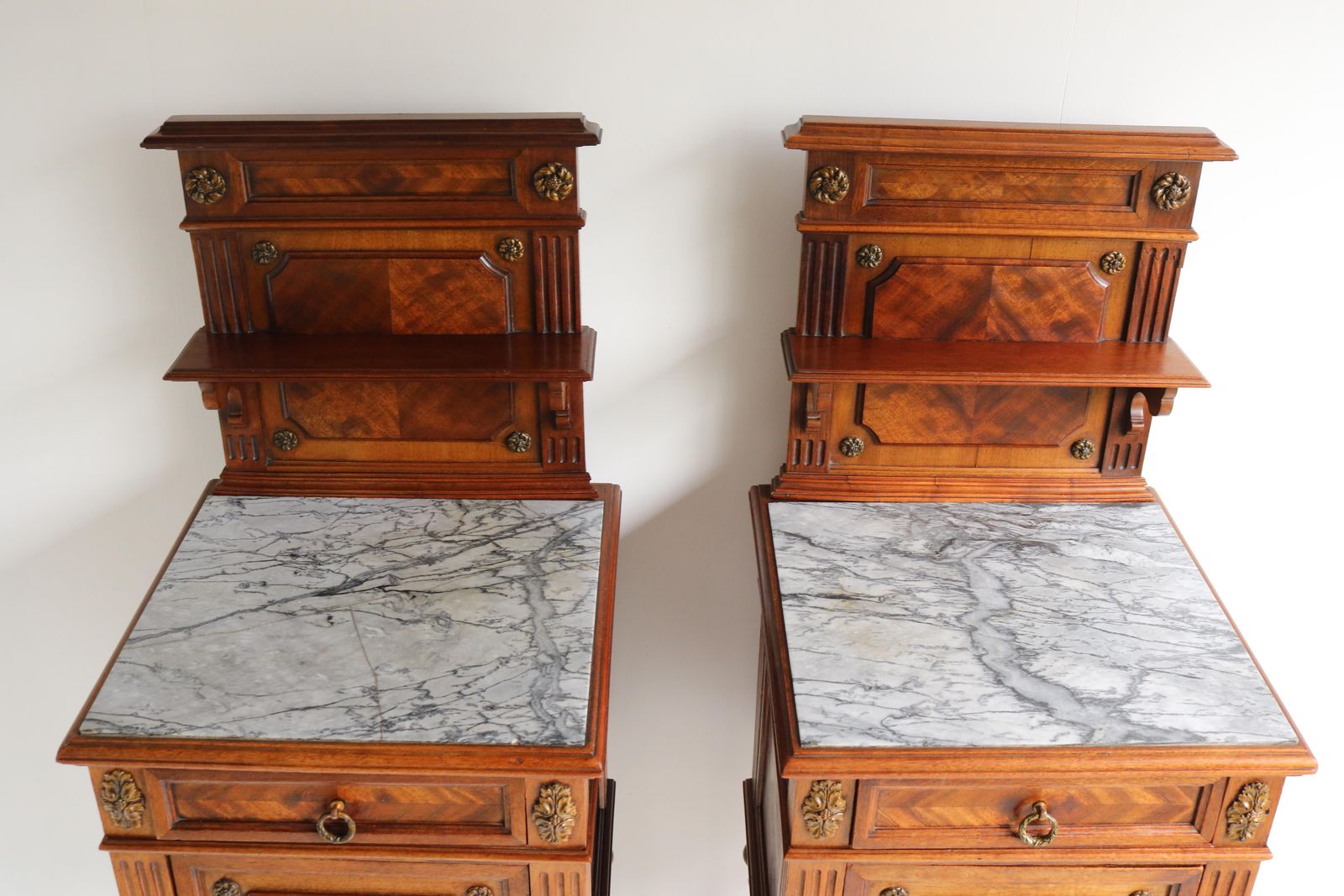 Pair Of Antique French 19th Century Night Stands Bedside Walnut Marble Bronze photo furniture