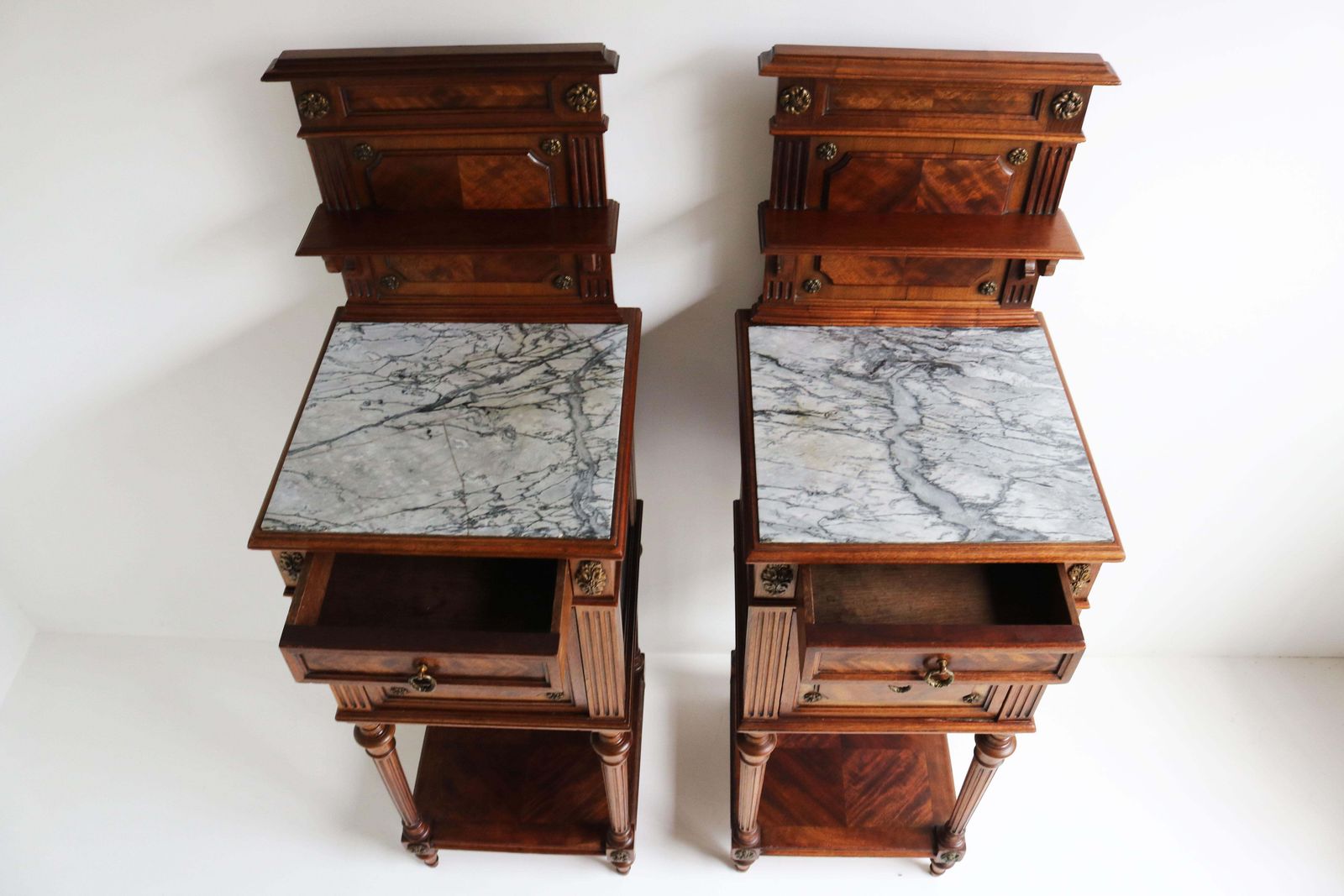 photo buy Pair Of Antique French 19th Century Night Stands Bedside Walnut Marble Bronze