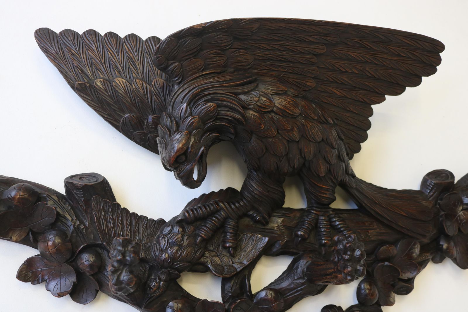 Exquisite 19th Century Swiss Black Forest Coat Rack Carved Eagle Hallway Antique photo for sale