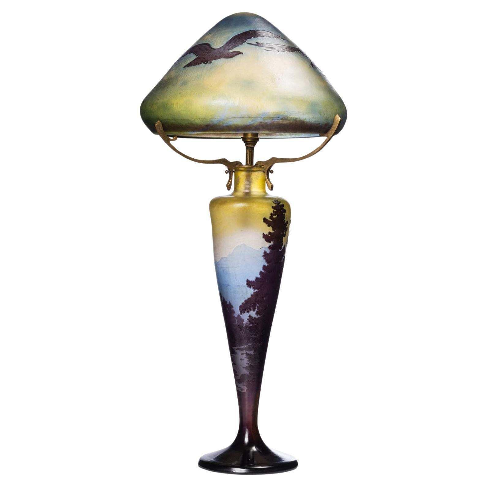 French Art Nouveau Table Lamp By Emile Galle ''Vosges Paysage'' Cameo Glass 1900