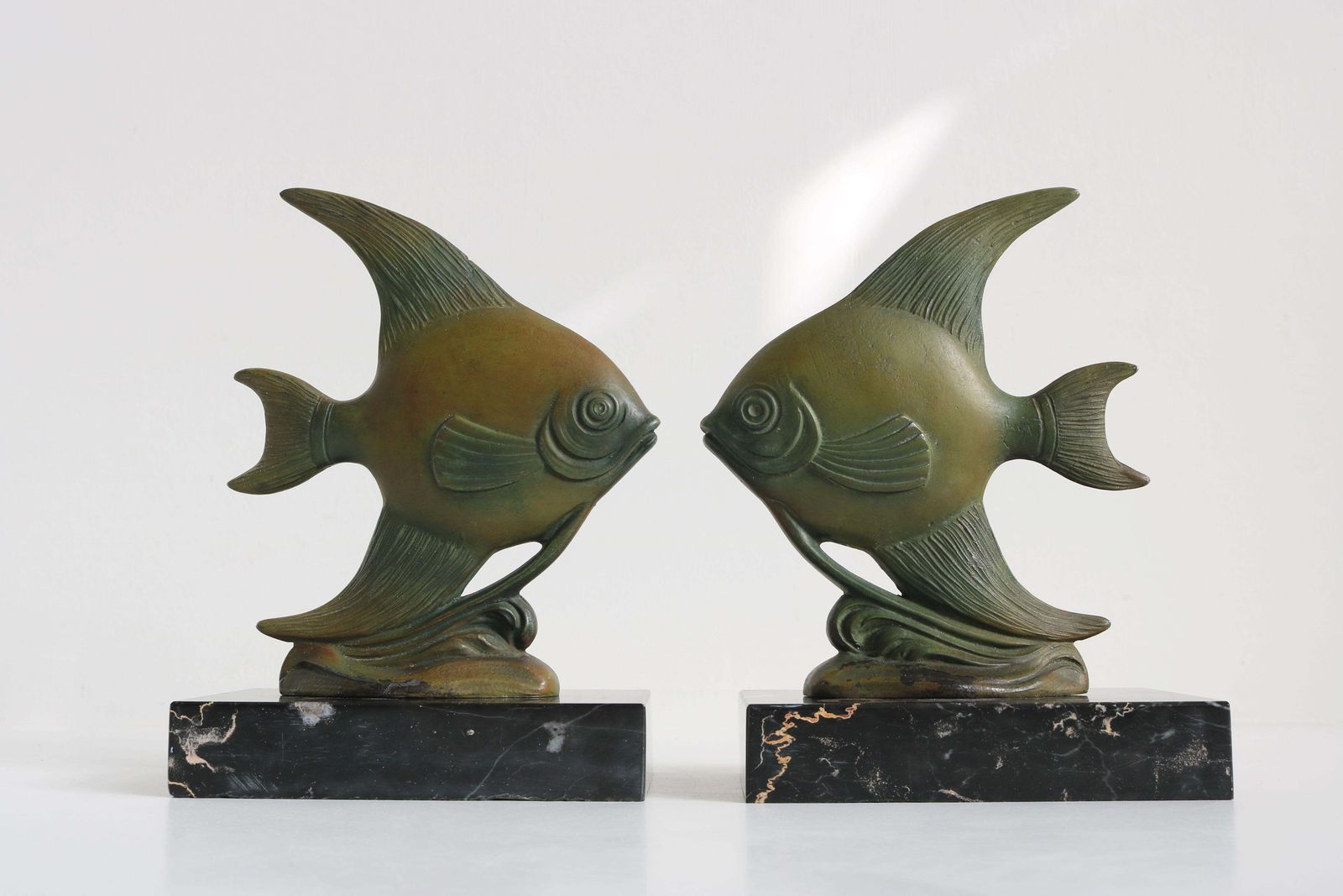 Antique French Art Deco Bookends Angelfish 1930 Black Marble Spelter Moonfish photo furniture
