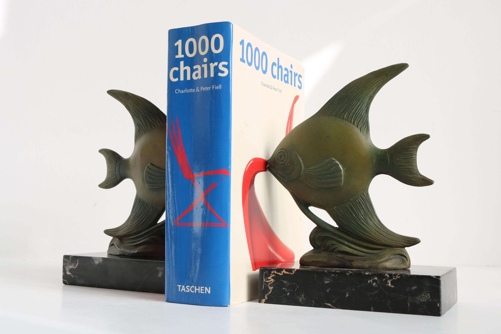 Antique French Art Deco Bookends Angelfish 1930 Black Marble Spelter Moonfish photo 1079.0