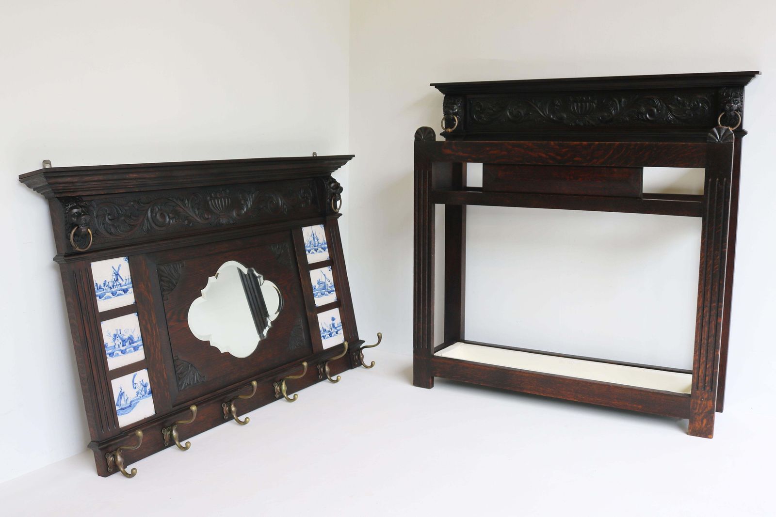 Dutch Renaissance Hallway Set Coat Rack & Umbrella Stand 1880 Lions Delft Blue photo furniture
