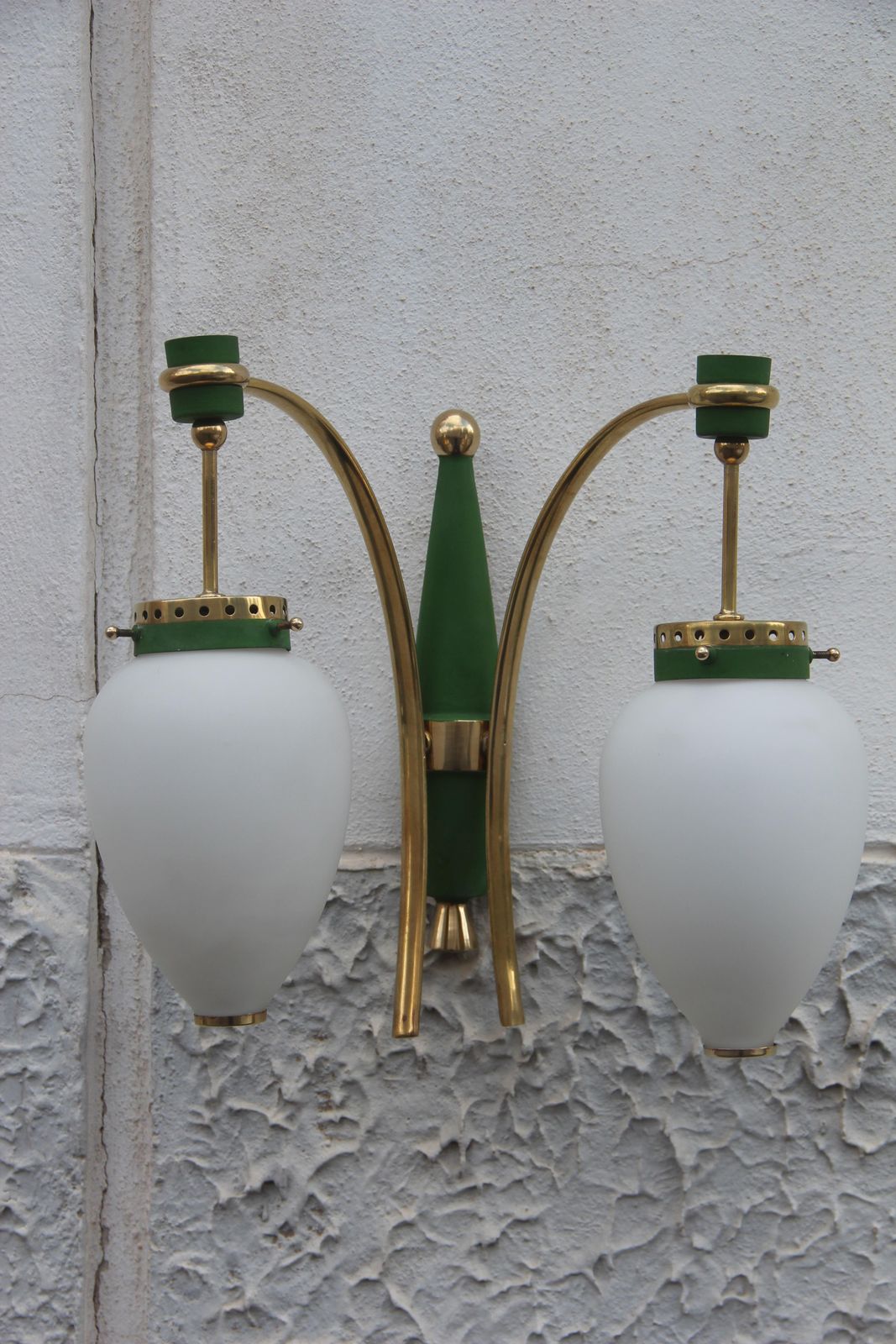Stilnovo Midcentury White Glass Green And Golden Brass Italian Sconces, 1950s photo for sale
