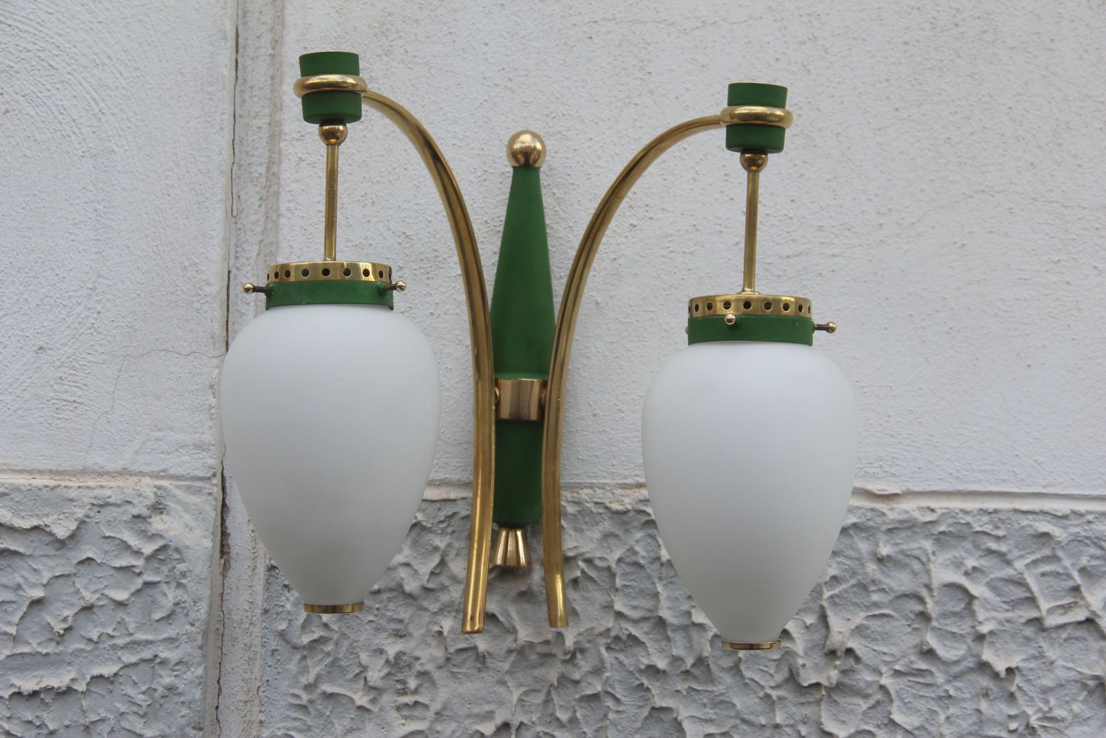 photo for sale Stilnovo Midcentury White Glass Green And Golden Brass Italian Sconces, 1950s