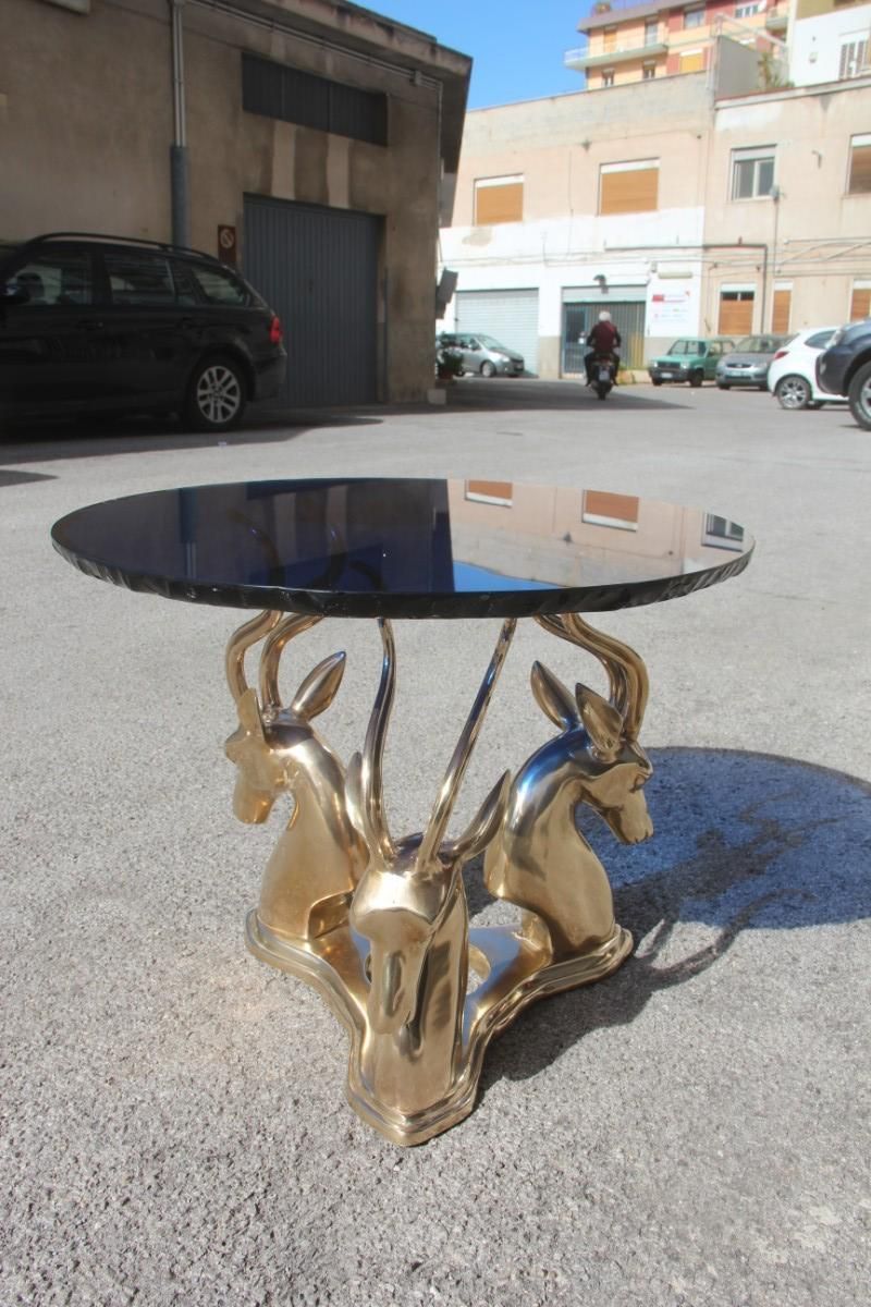 Midcentury Round Blue Cobalt Italian Brass Deer Top Thick Crystal 1960 Chipped photo vintage