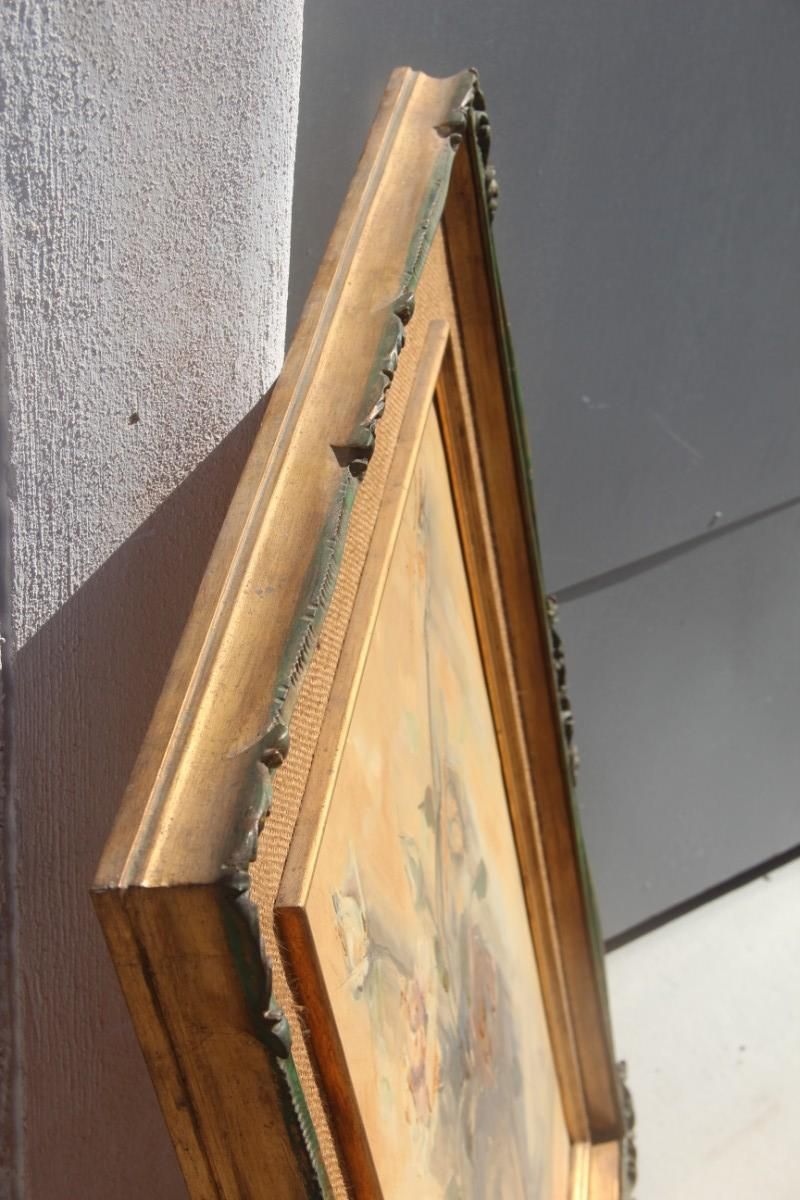 1440.0 Depisis Style Midcentury Oil Panting Vase Rose Flowers 1940s Classic Frame photo