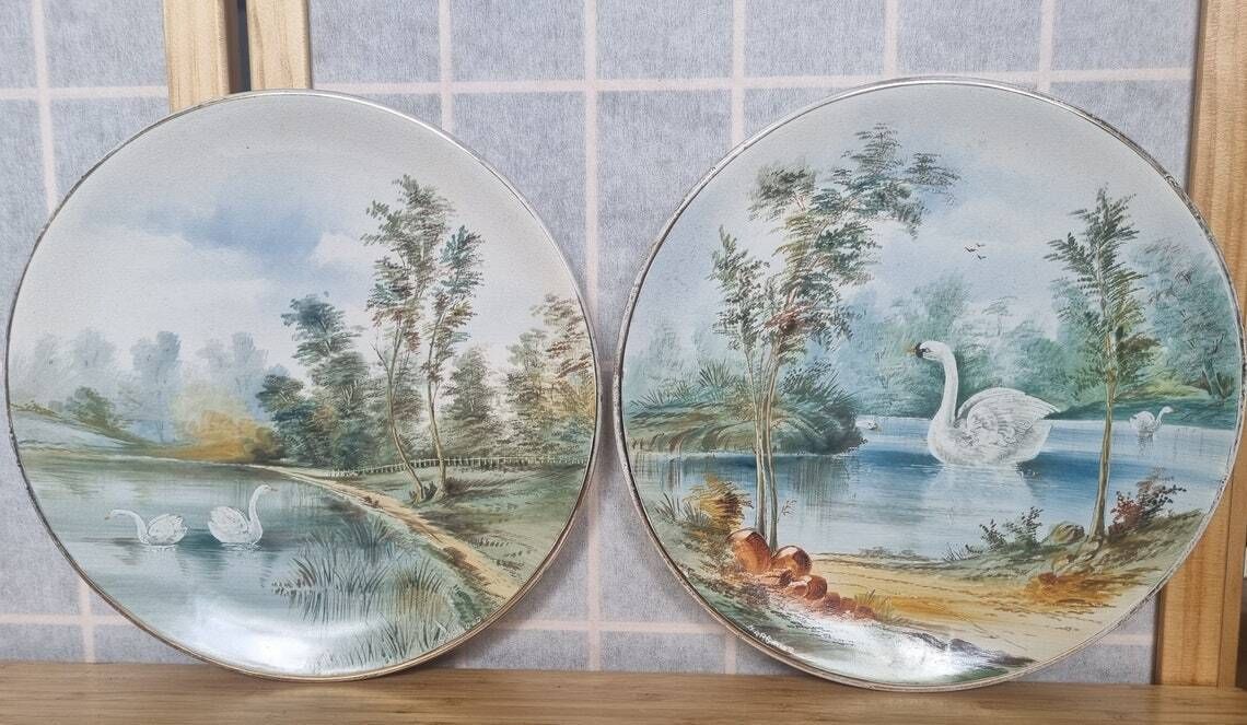 Hand Painted Swan Plates  Hartgould Signed Pair  Vintage Lake Scene Porcelain  10 Inch Display Art Set