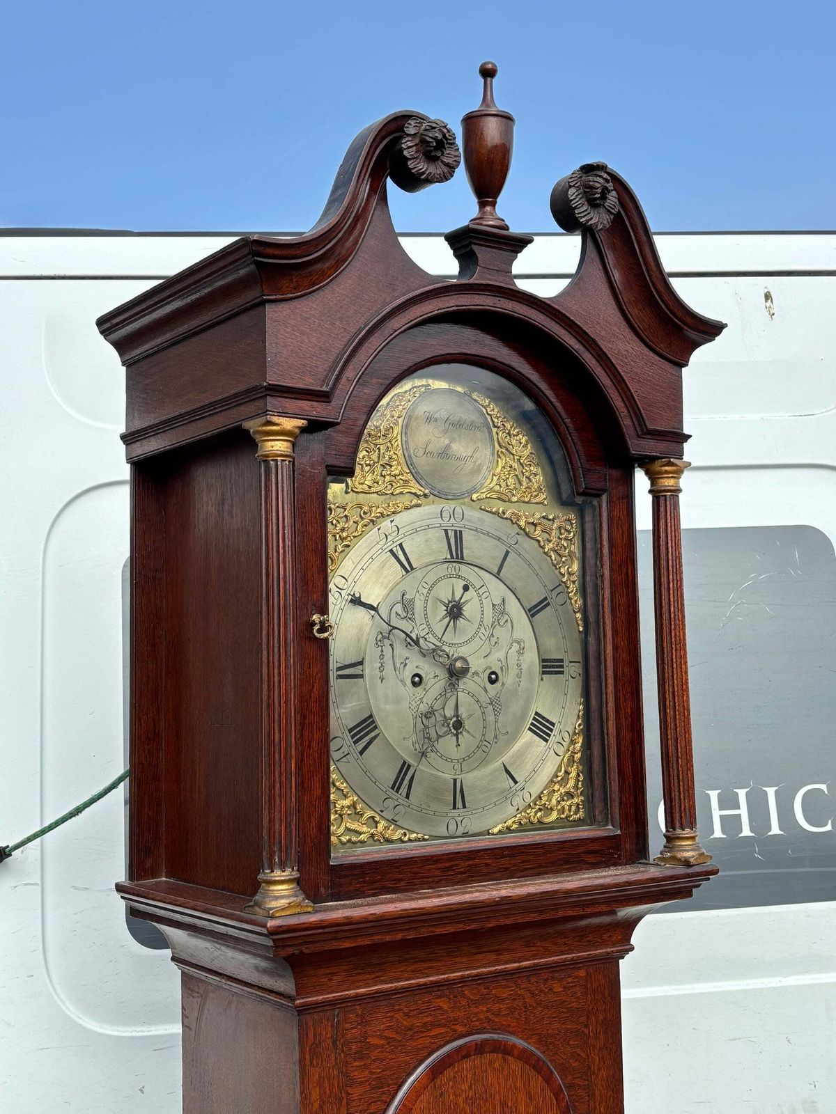 Scarborough Georgian 8 Day Brass Face, Arch Dial Oak Longcase Clock. photo for sale
