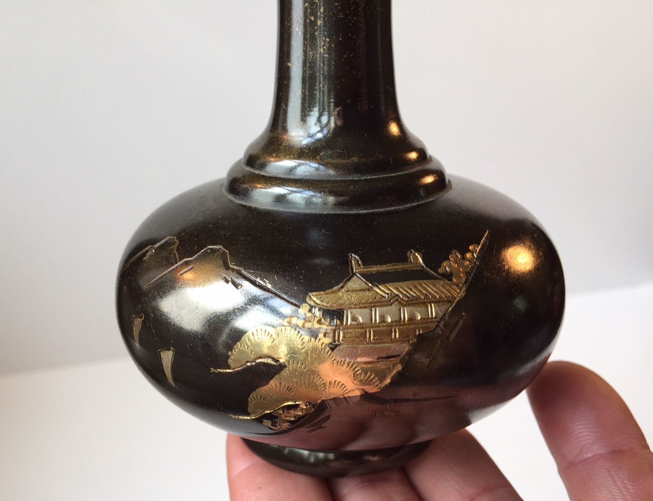 Japanese Bronze Gourd Vase With Mixed Metal Inlays, 1940s photo Home Decor