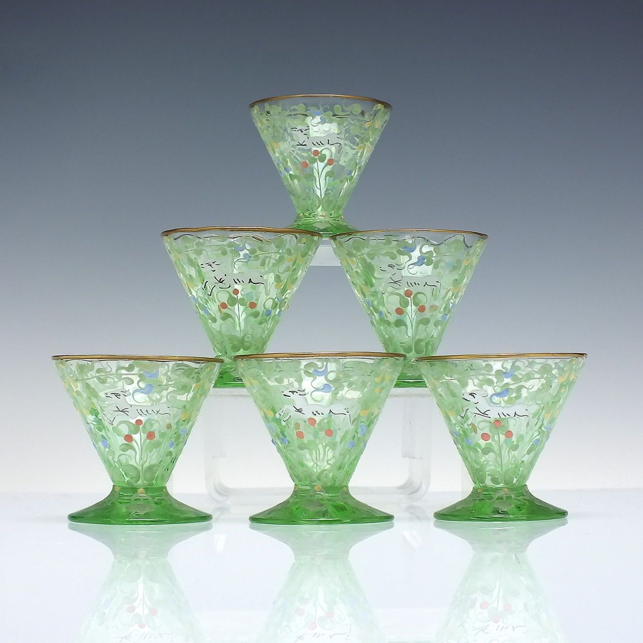 Rare Antique Moser Enamelled Decanter, Six Glasses And Tray, Glass By Salviati C1900 photo for sale