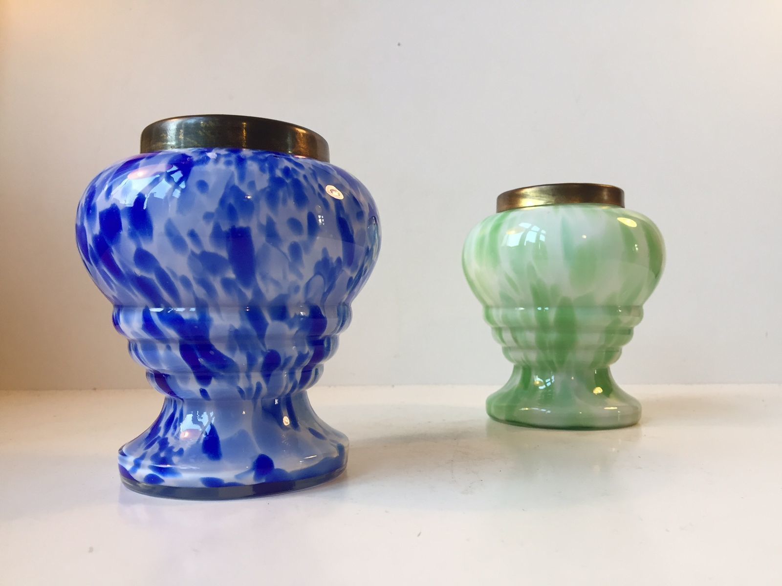 Czech Art Glass Vases With Brass Wire Mesh By Ruckl, Set Of 2 photo for sale