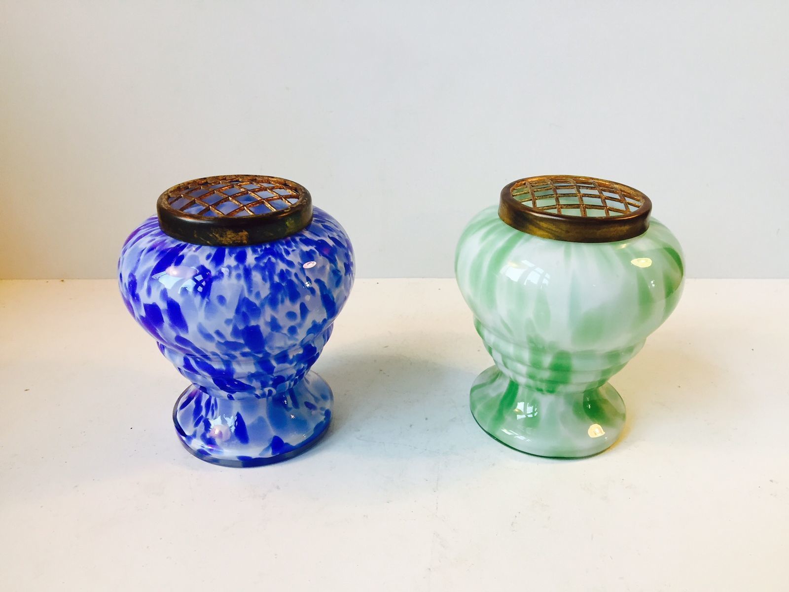 Czech Art Glass Vases With Brass Wire Mesh By Ruckl, Set Of 2 photo Home Decor