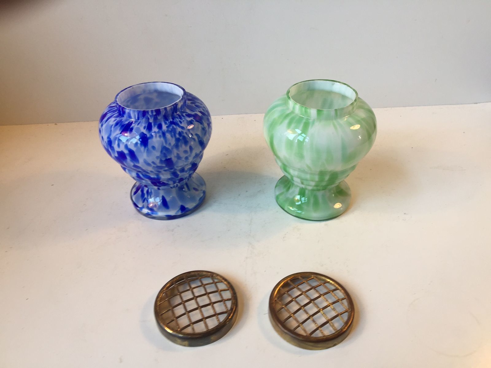 Czech Art Glass Vases With Brass Wire Mesh By Ruckl, Set Of 2 photo 289.0