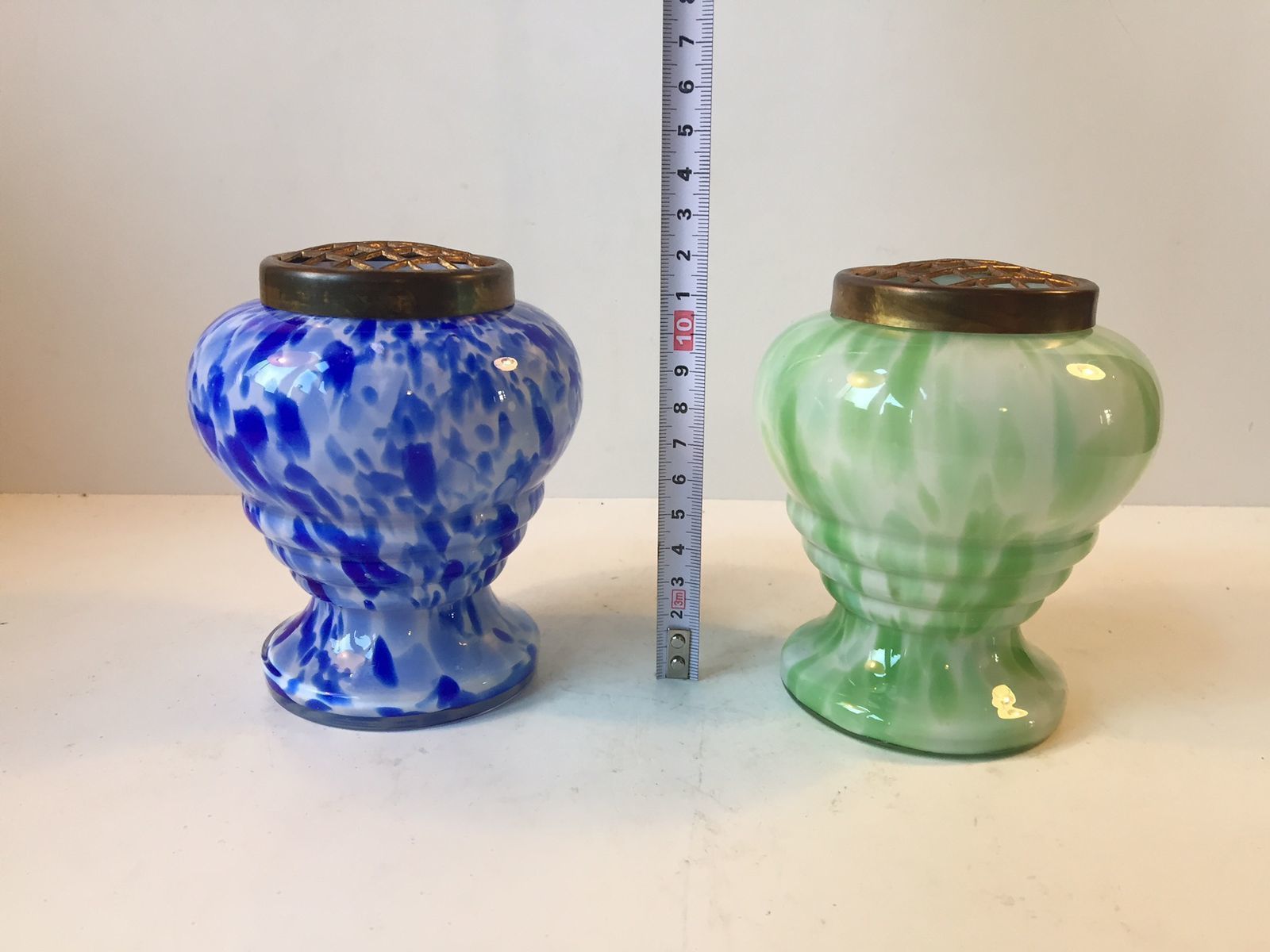 Czech Art Glass Vases With Brass Wire Mesh By Ruckl, Set Of 2 photo vintage