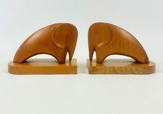 Mid Century Carved Elephant Bookends From Rhön Kunst, 1960s, Set Of 2
