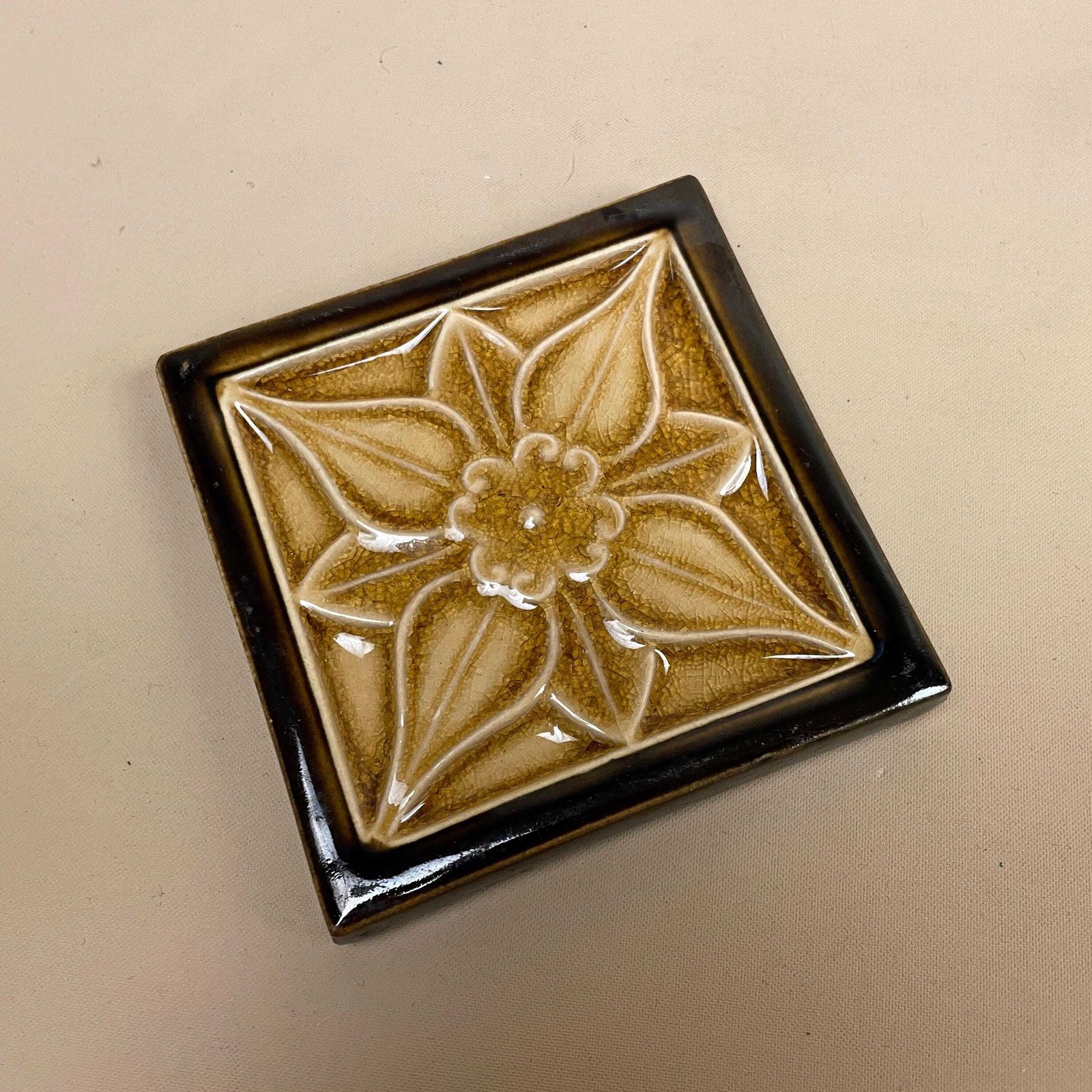 Vintage Retro Handmade Tile Ceramic Square Old Pattern 10x10cm Placemat Coaster Brown Floral Patterned Flower