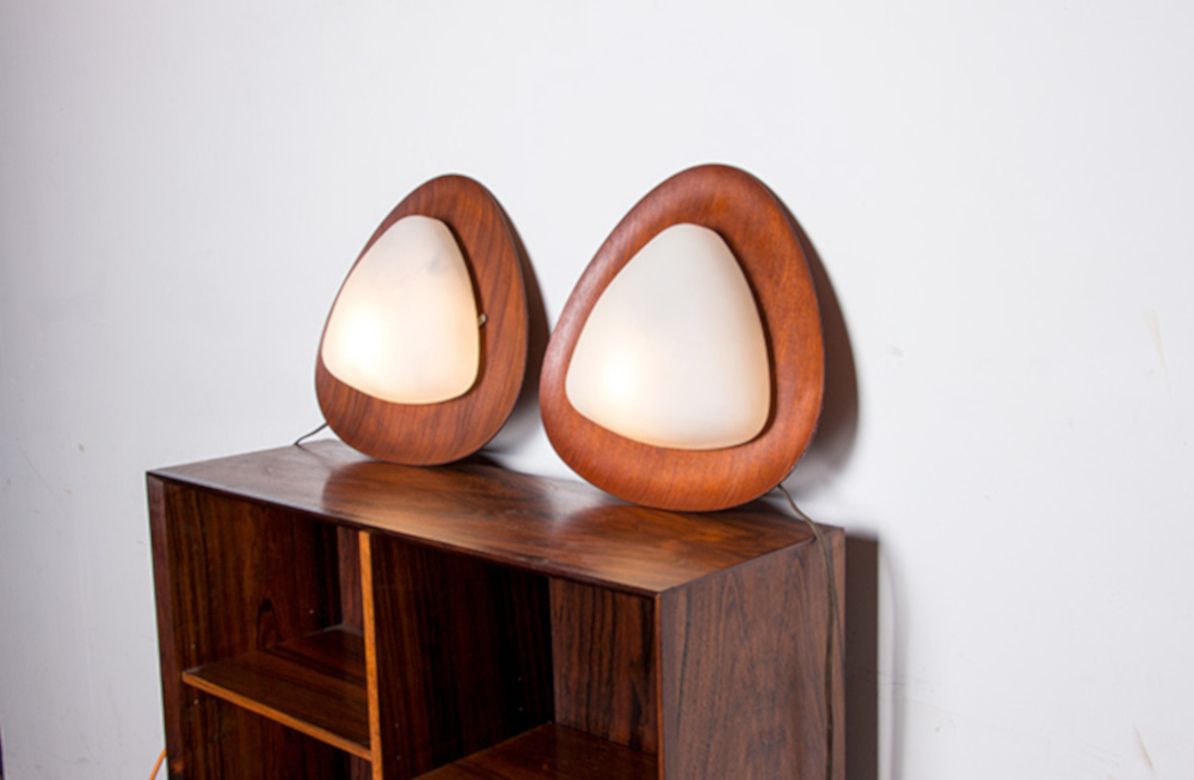Pair Of Italian Teak And Opaline Wall Lights By Goffredo Reggiani 1960. photo for sale