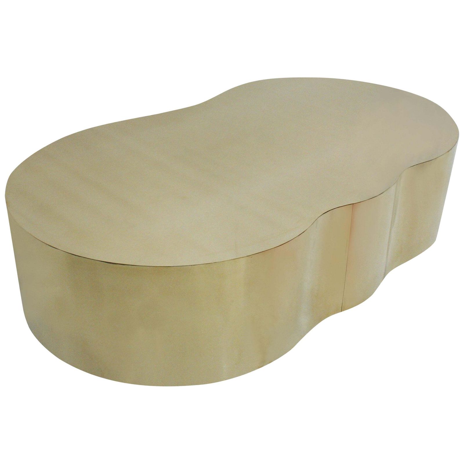 Mid Century Style Curved Coffee Table With Wooden Structure Covered In Brass