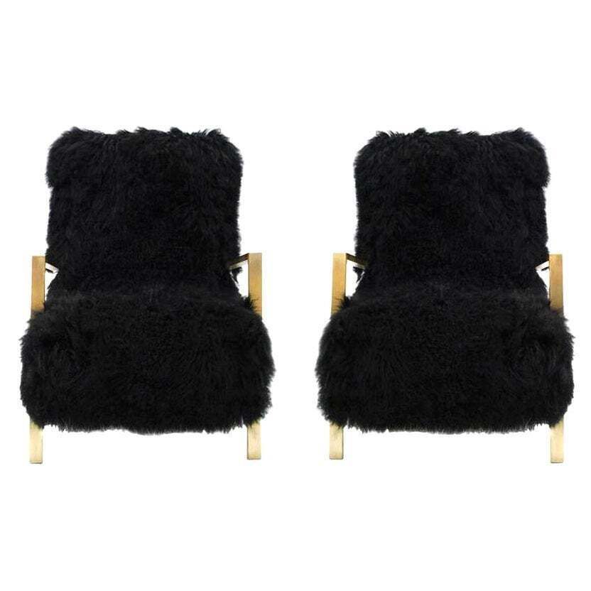 Pair Of L.A. Studio Contemporary Modern Black Mongolian Goat Italian Armchairs