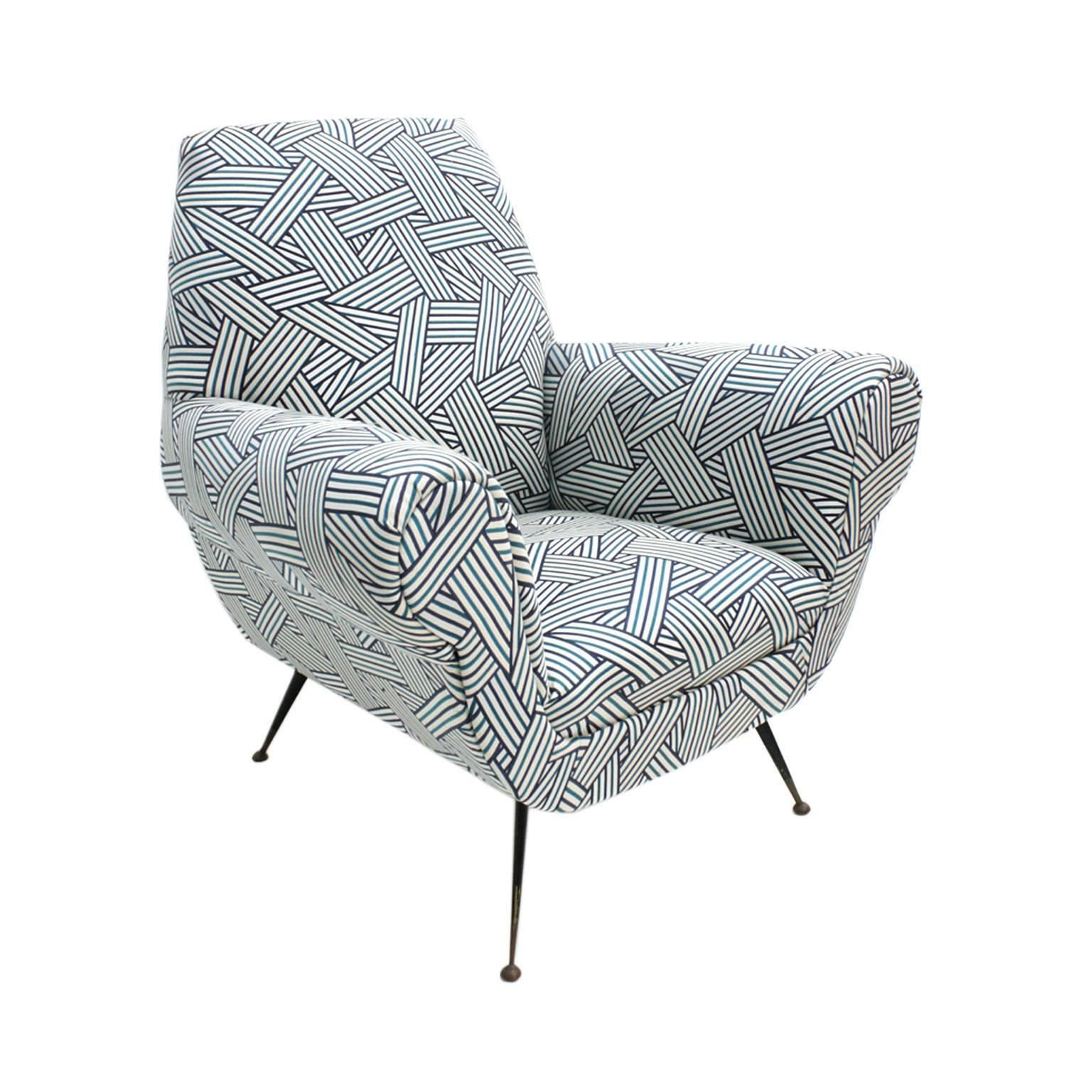 Gigi Radice Midcentury Cotton Fabric And Black Lacquered Italian Armchairs photo for sale