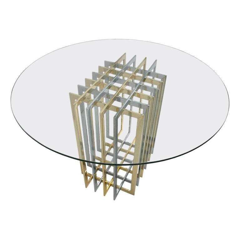 Contemporary Brass And Chrome Structure Glass Top Italian Table