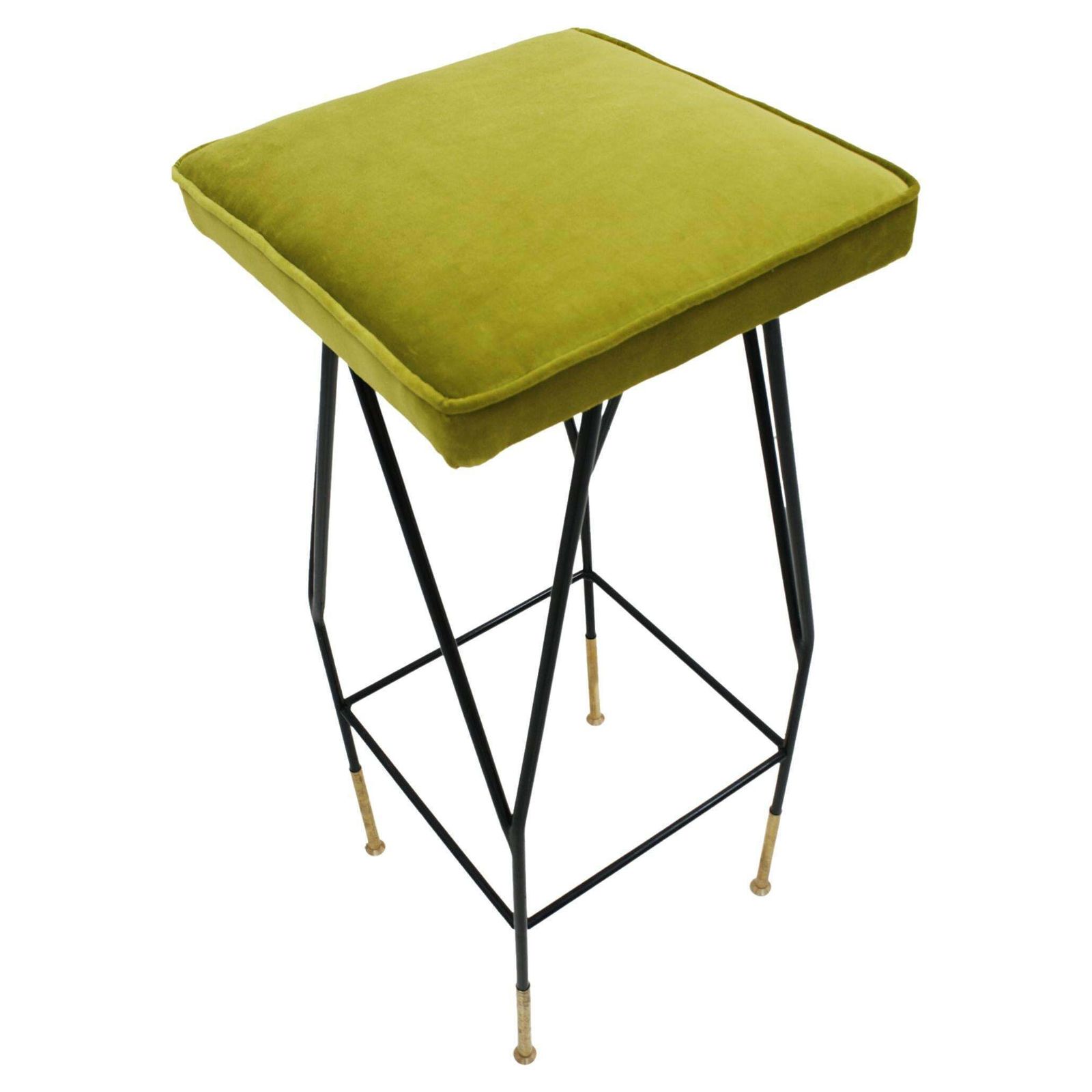 Italian Mid Century Modern Square Black Lacquered Iron Lime Cotton Velvet Stool