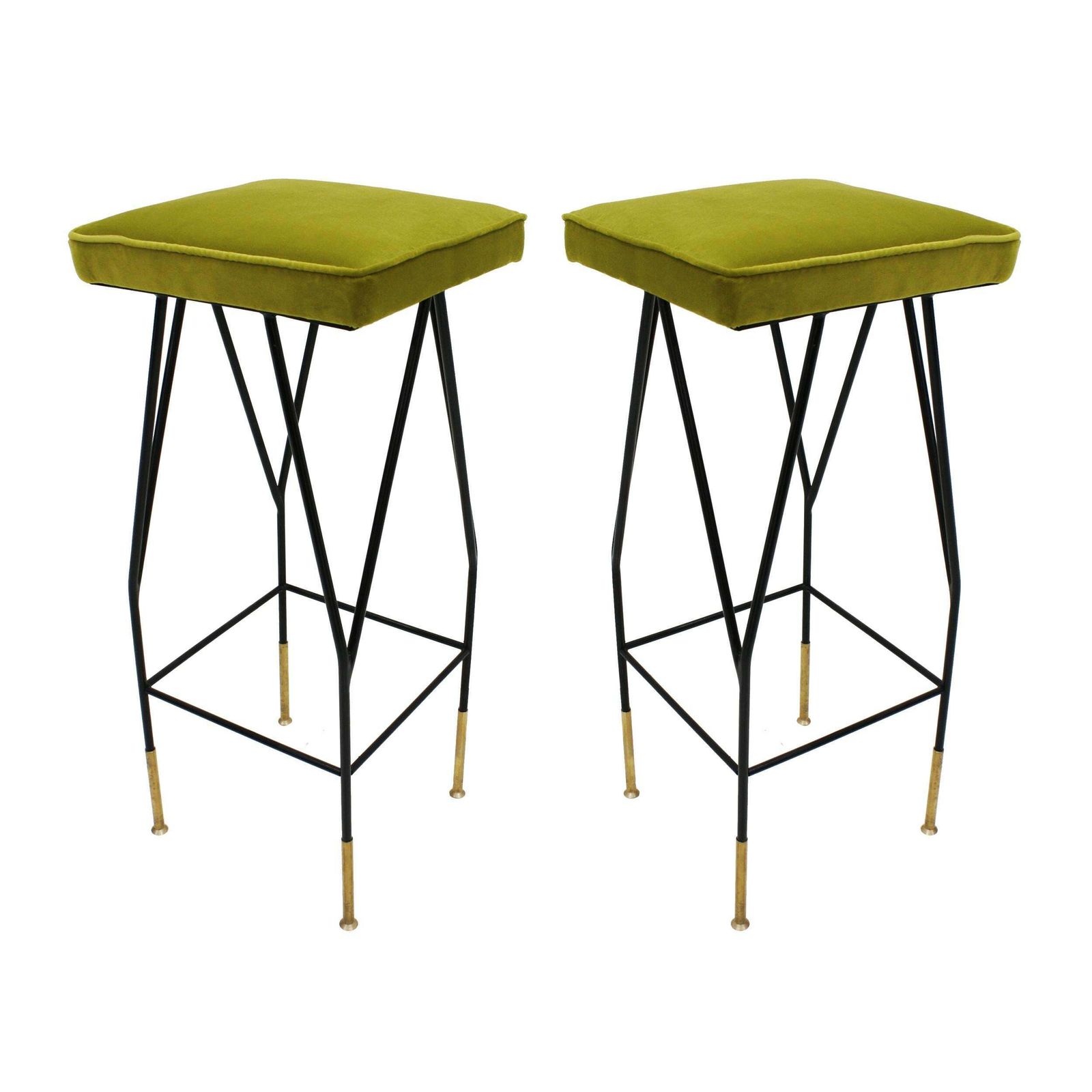 Italian Mid Century Modern Square Black Lacquered Iron Lime Cotton Velvet Stool photo furniture