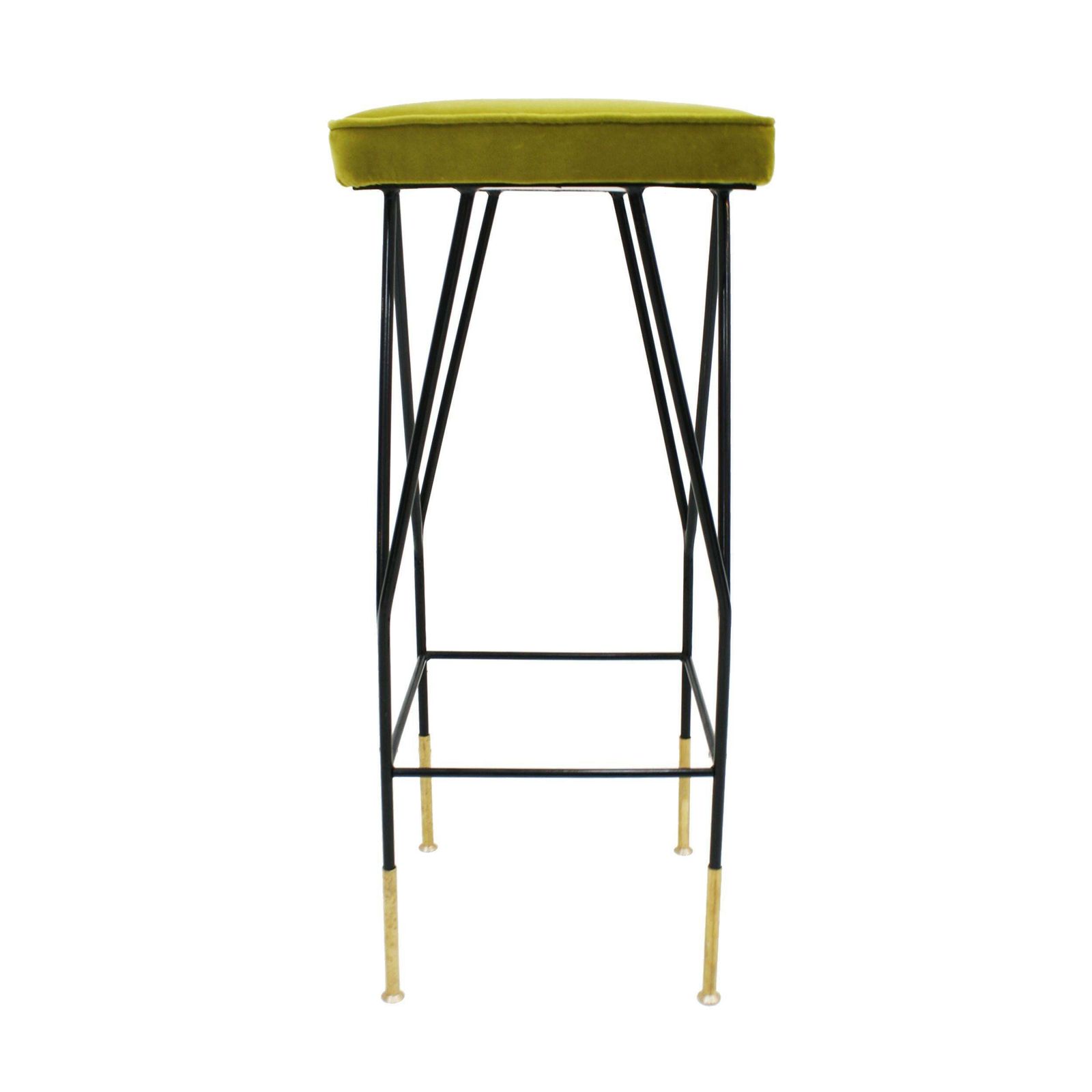 Italian Mid Century Modern Square Black Lacquered Iron Lime Cotton Velvet Stool photo Furniture