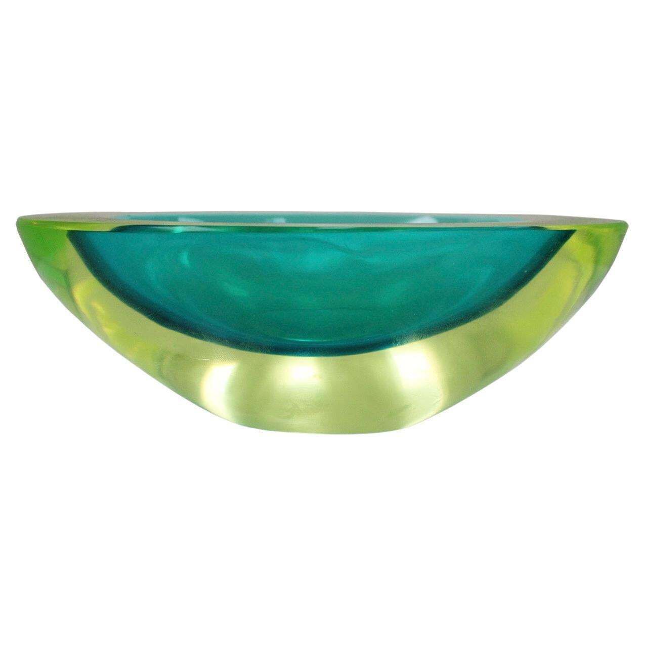 Midcentury Turquoise And Yellow Sommerso Murano Glass Bowl By Flavio Poli 1950