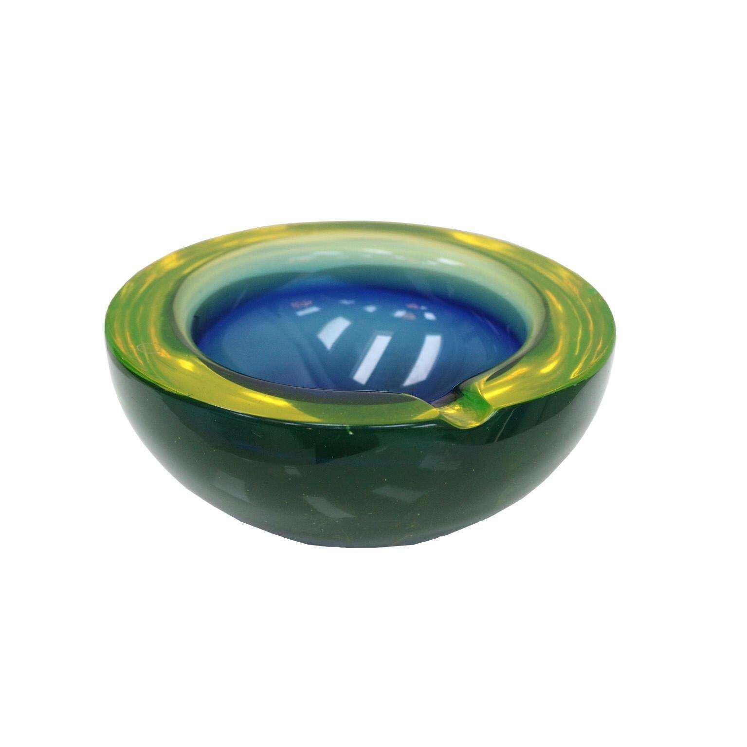 Mid Century Modern Blue/Yellow Sommerso Murano Glass Ashtray By Flavio Poli 1950 photo furniture