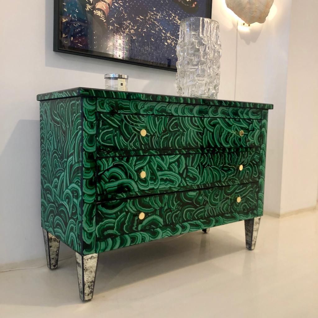 Mid Century Modern Style Green Malachite Colored Glass Italian Chest Of Drawers photo buy