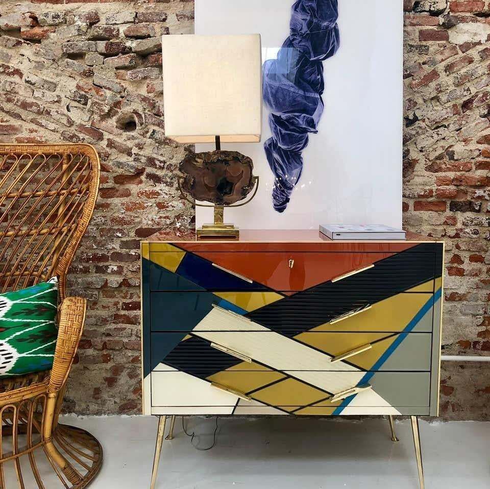 Furniture Mid Century Modern Style Murano Colored Glass And Brass Italian Commode photo
