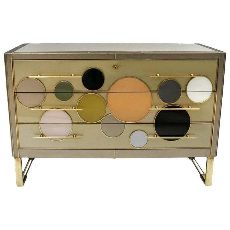 Mid Century Modern Style Solid Wood Glass And Brass Large Italian Commode