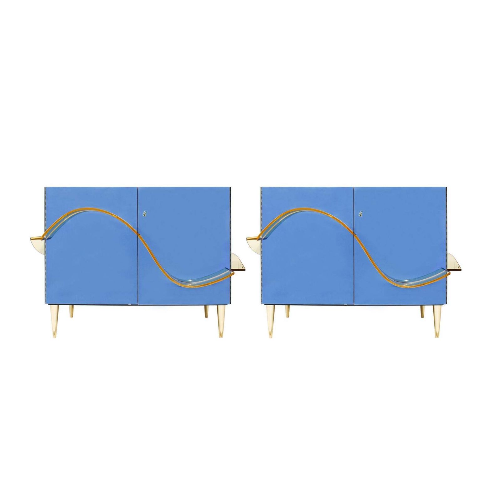 Contemporary Blue Murano Glass Mirror And Brass Pair Of Italian Cabinets photo furniture