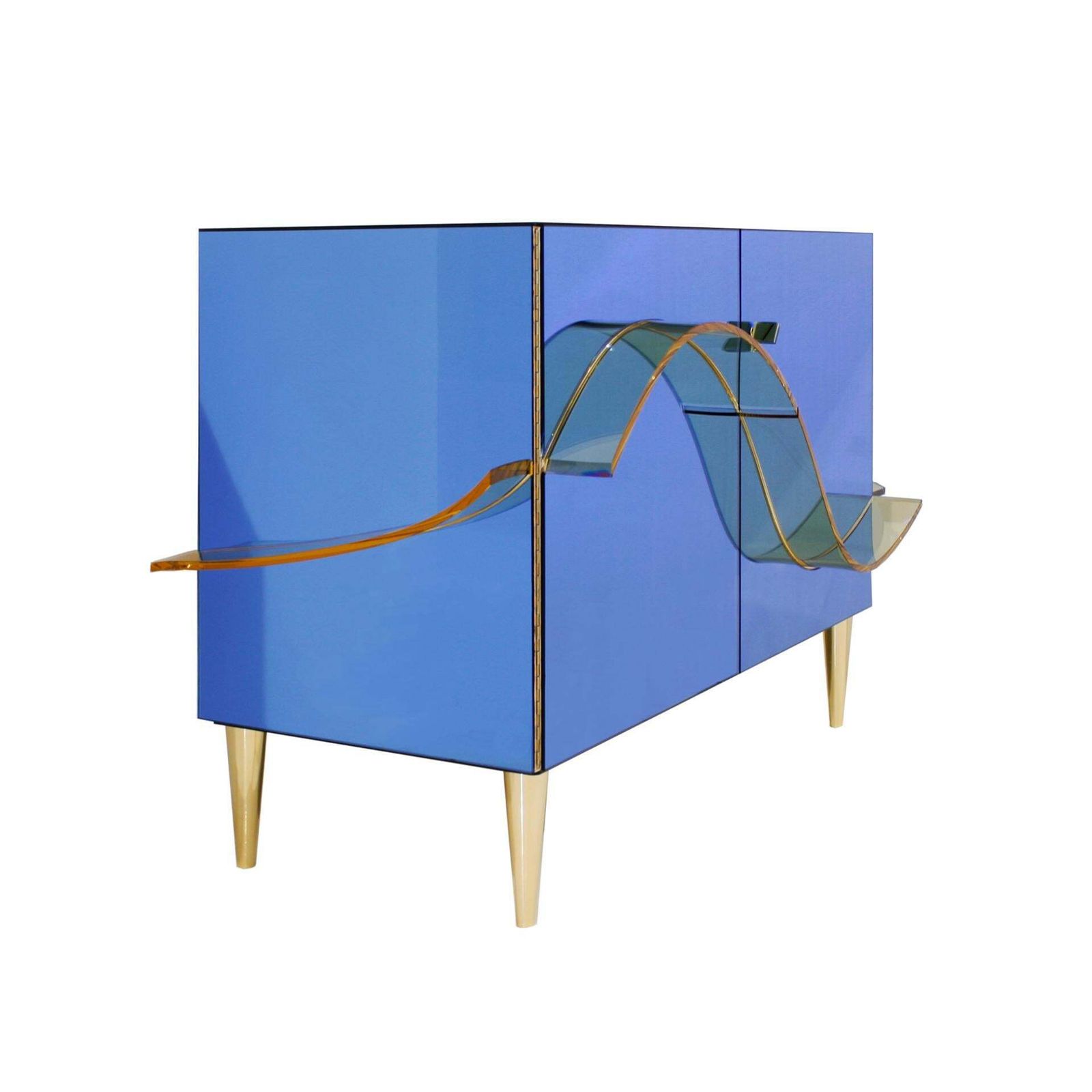 Contemporary Blue Murano Glass Mirror And Brass Pair Of Italian Cabinets photo 16618.0