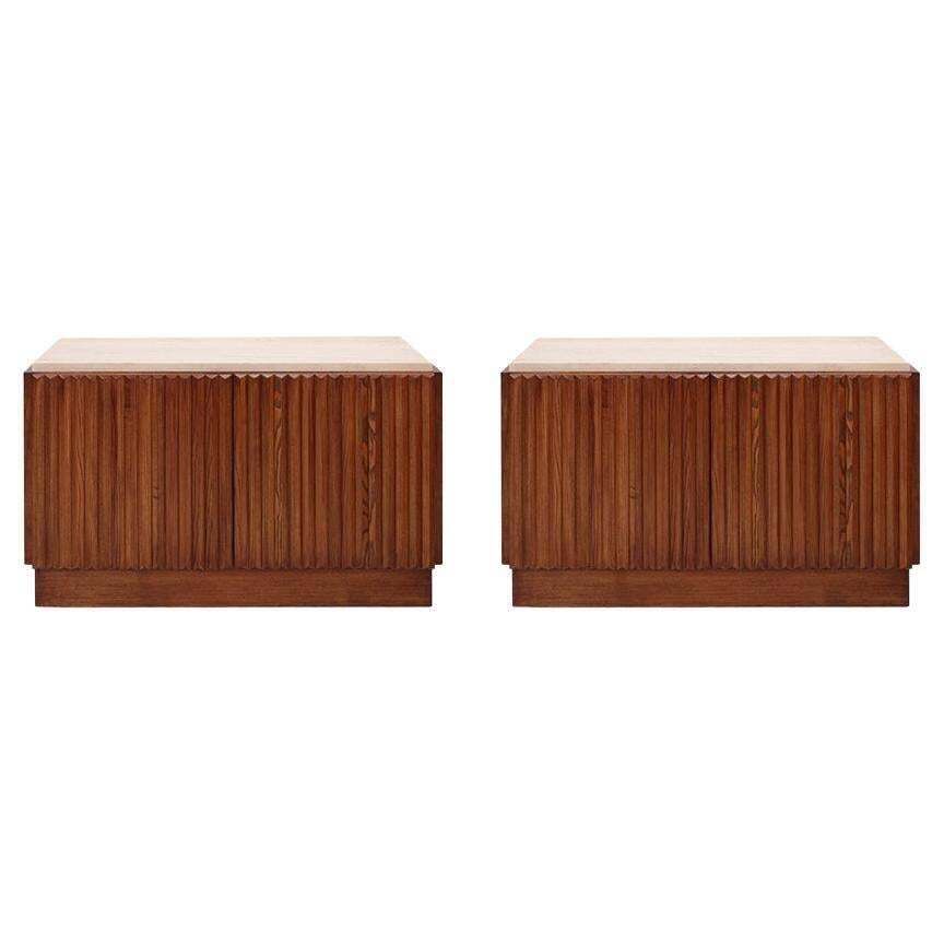 Contemporary Modern Pair Of Sideboards In Wood And Travertine Marble Top