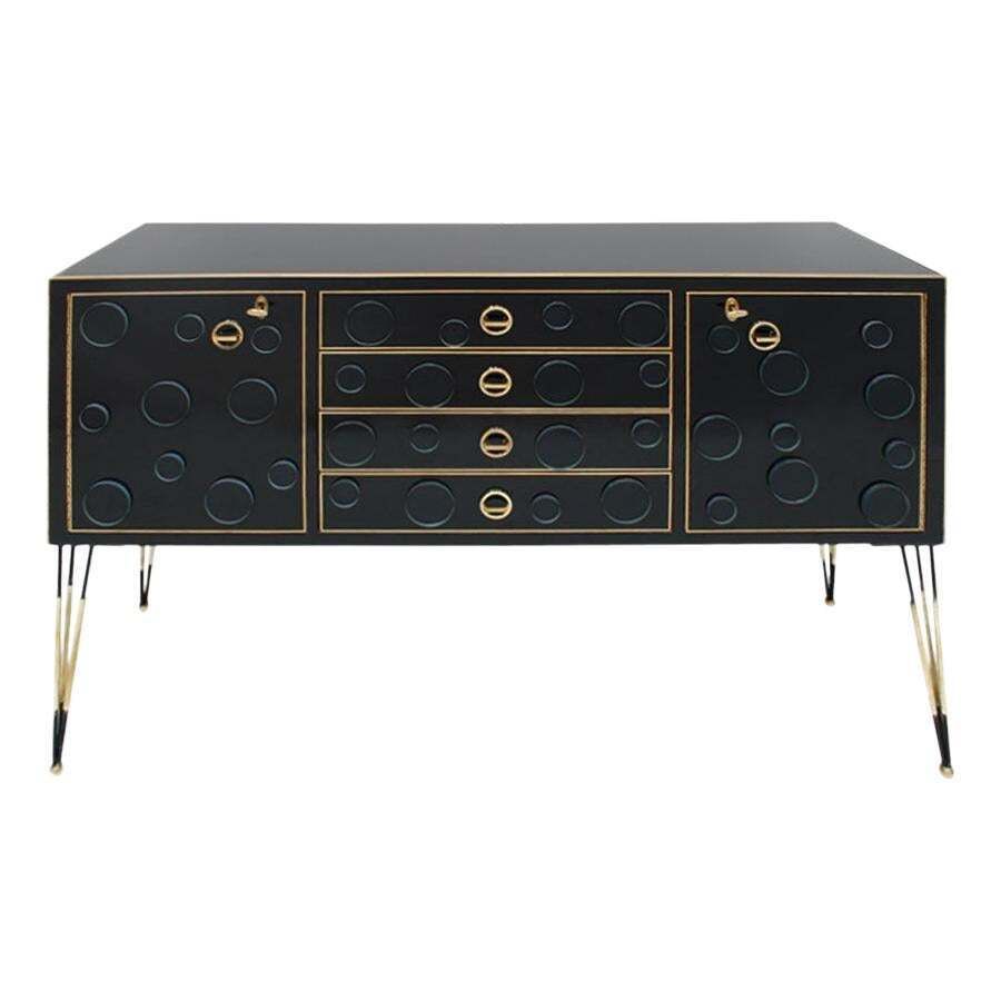 Mid Century Modern Style Made Of Wood, Dark Glass And Brass Italian Sideboard